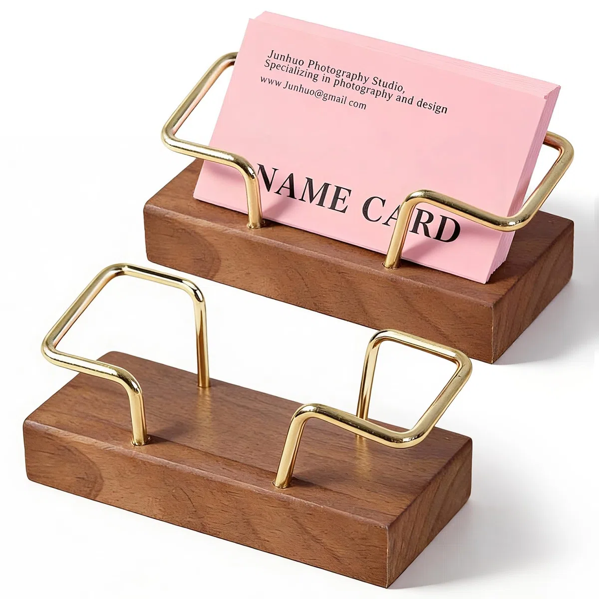 Soporte para tarjetas de visita, 2 unidades, madera de nogal y latón, soporte para tarjetas de visita, soporte de madera para escritorio, tienda, stand de feria