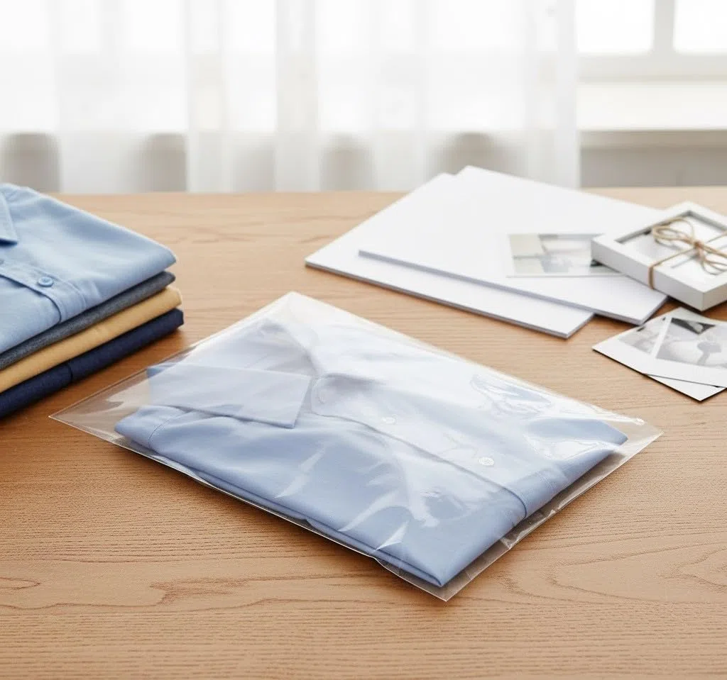 MGE - 100 Bolsas Grandes 35x45 de Celofán Transparente - Bolsas de Plástico con Banda Autodhesiva - Bolsas Transparente Celofán OPP con Cierre Adhesivo para Ropa, Pantalones, Camisetas