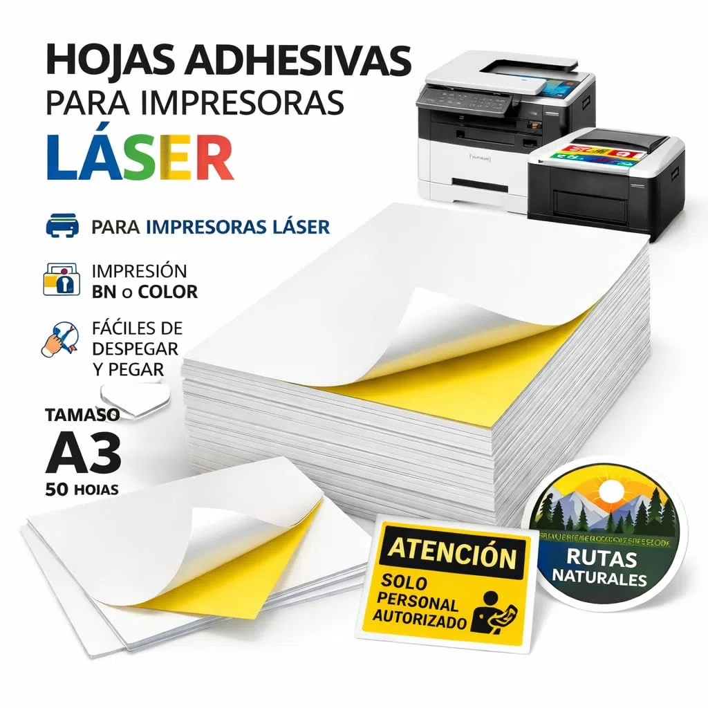 50 x Hojas Adhesivas DIN A3 Blancas para Impresora Láser Color o Blanco y Negro, Imprimir Fotos o Stickers