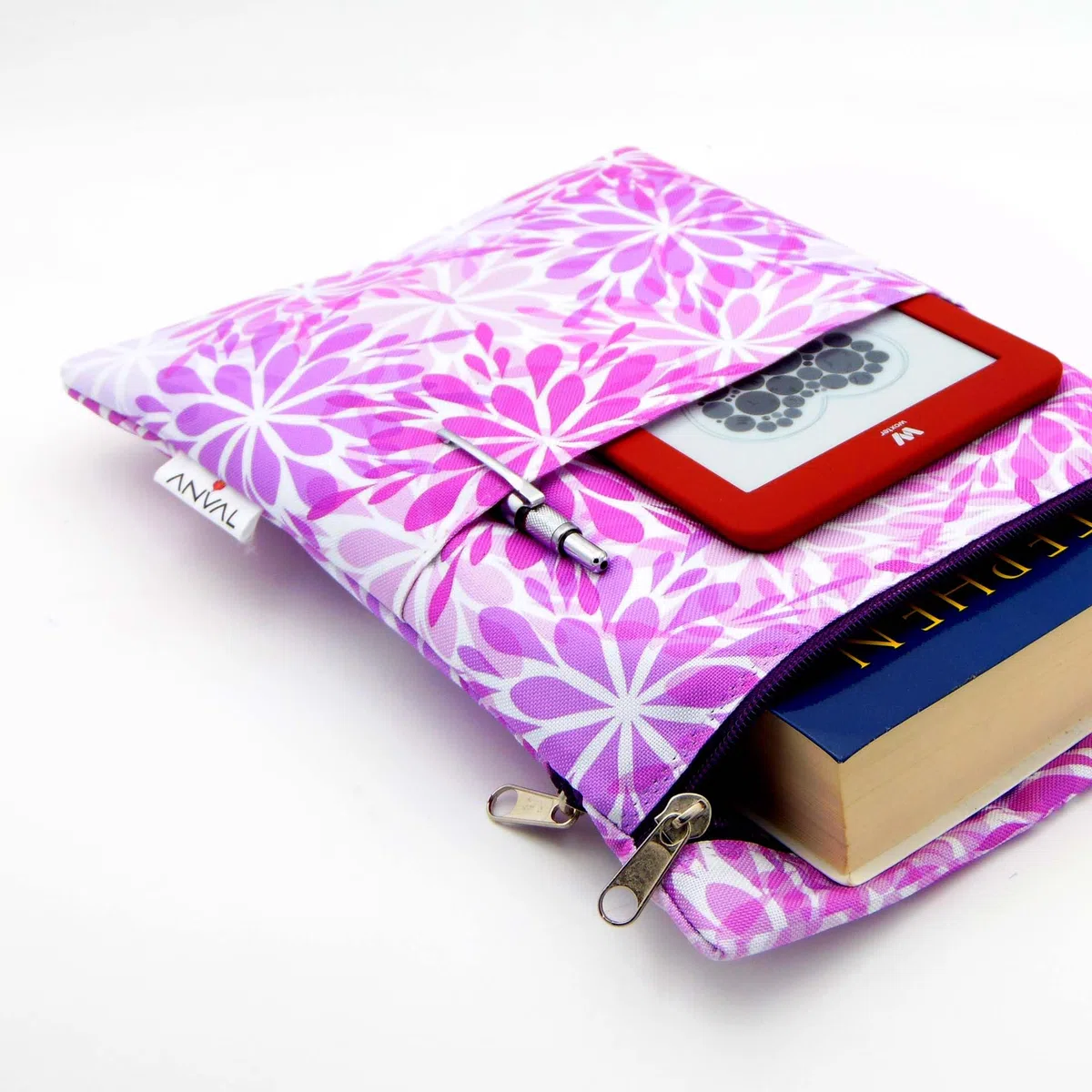 ANVAL Funda para Libro, Impermeable, Interior Forrado,con Cremallera, Doble Bolsillo Exterior -, Adaptable a Cualquier Grosor, Funda Libro Papel - Forro Libro Tela Estampada (Arabescos)