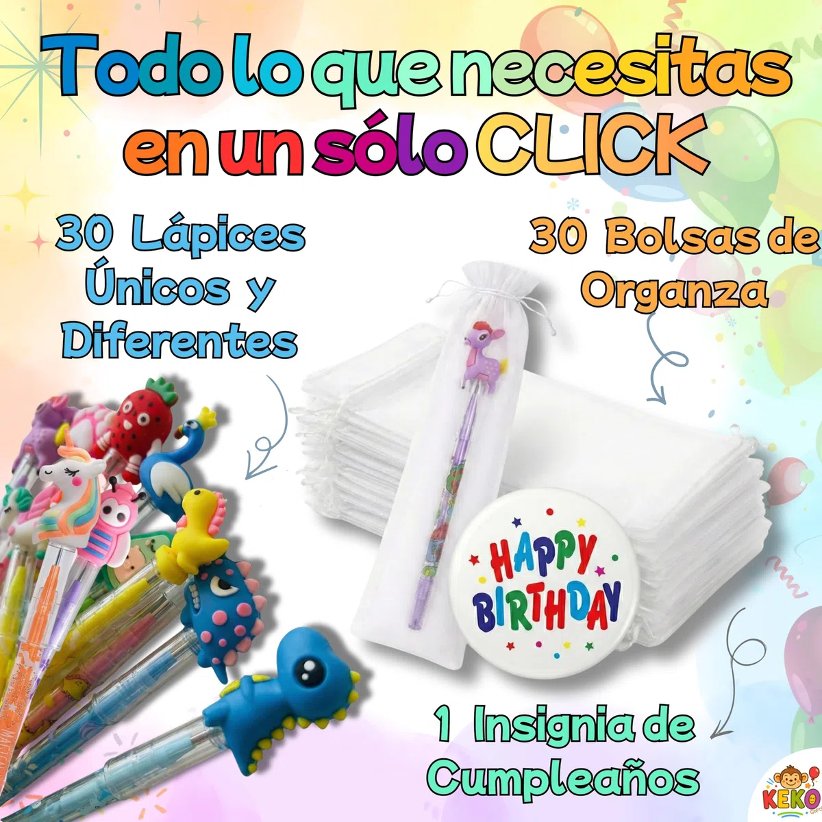 KeKo Pack 30 Lapices Apilables de Punta Intercambiable, 30 Bolsa,1 Chapa Cumpleaños,Regalos Cumpleaños Niños Colegio,Detalles Cumpleaños Niños,Regalitos para Invitados Infantiles,Detalles para Regalar