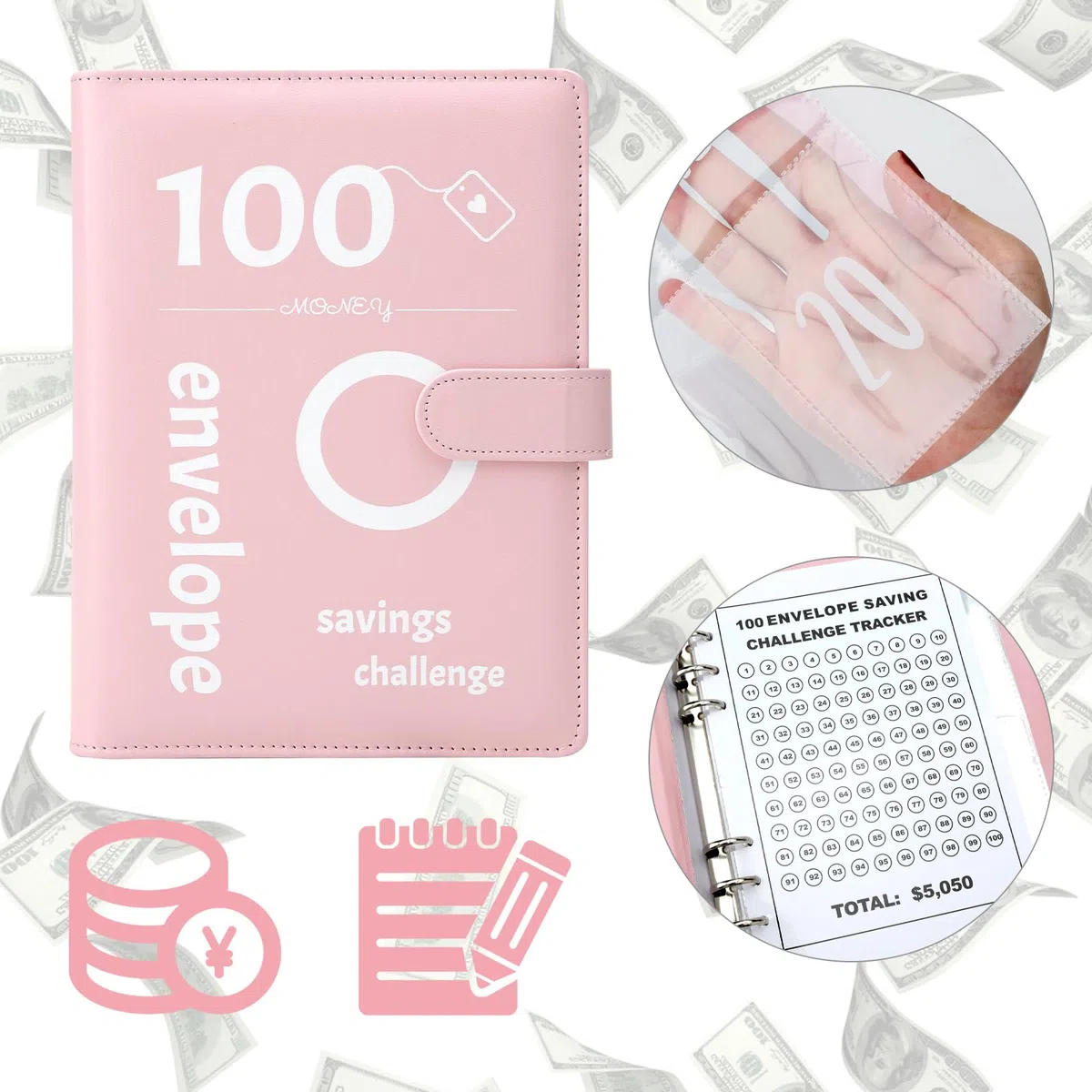 Envelope Challenge Binder, Sobres Challenge Binder, Divertida carpeta presupuestaria para ahorrar €5,050 con sobres de dinero, desafío para planificadores de presupuestos (rosa)