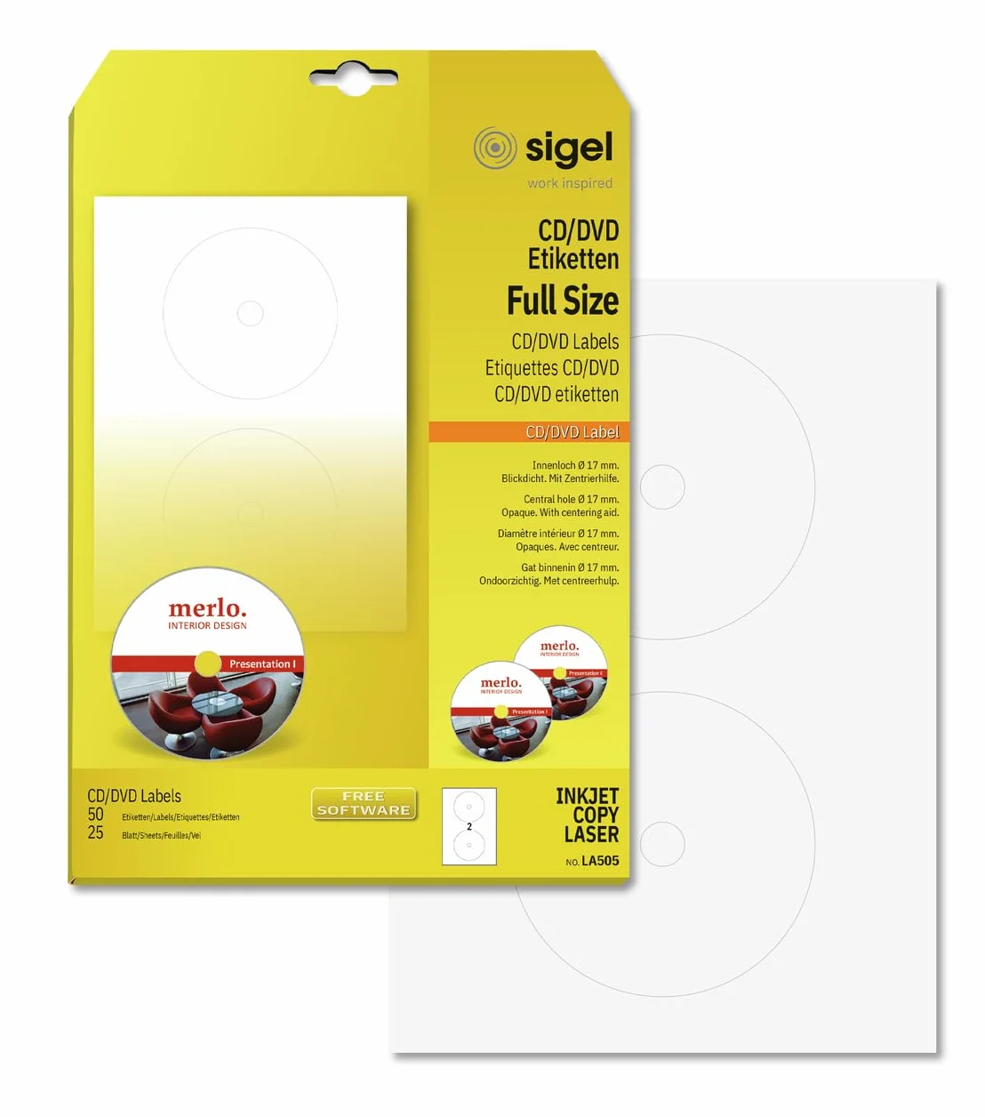 SIGEL LA505 Etiquetas para CD/DVD (Ink/Laser/Copy), Ø 117 mm (A4), 50 Et.=25 hojas