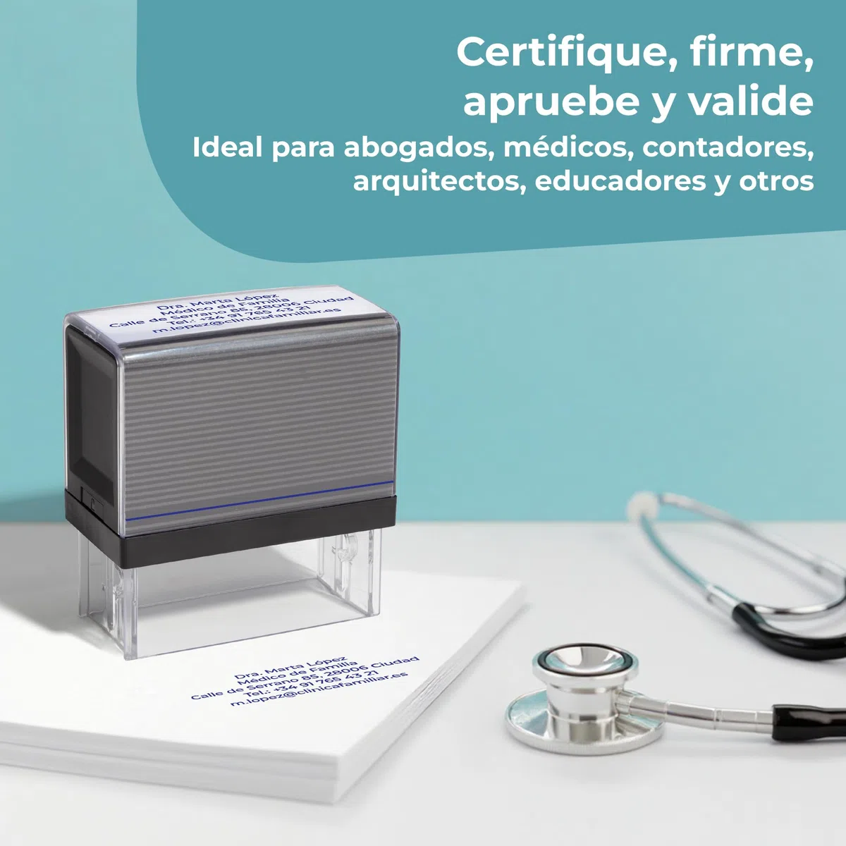 Cimpress Sello Autoentintable Personalizado con Texto, Ideal como Sello de Nombre, Dirección o Empresa, Tinta Azul, Tamaño Mediano 5,7 x 2,1 cm, Perfecto para Uso Diario en Oficina o Escuela