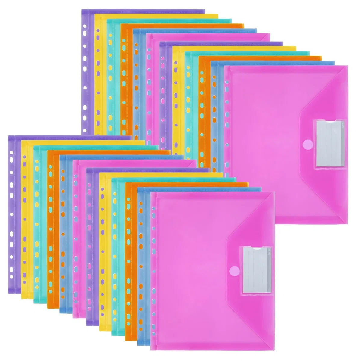 MOWETOO 24 bolsas para documentos A4, carpeta de documentos A4 para archivar, bolsillos para documentos con 11 orificios, cierre de y bolsillo para etiquetas, carpetas para organizar documentos (6