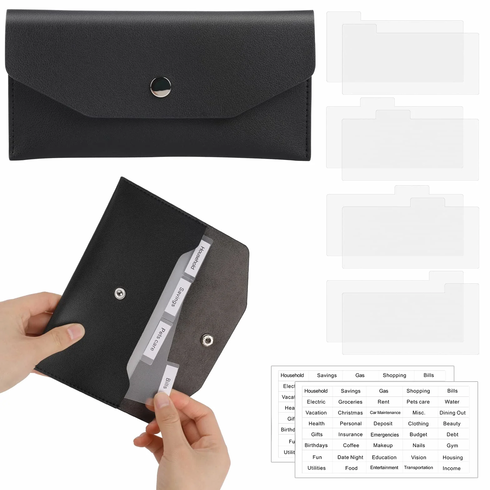 Lote de 11 sobres para efectivo, cartera de efectivo, planificador presupuestario, carpeta de piel sintética con pestañas adhesivas y separadores