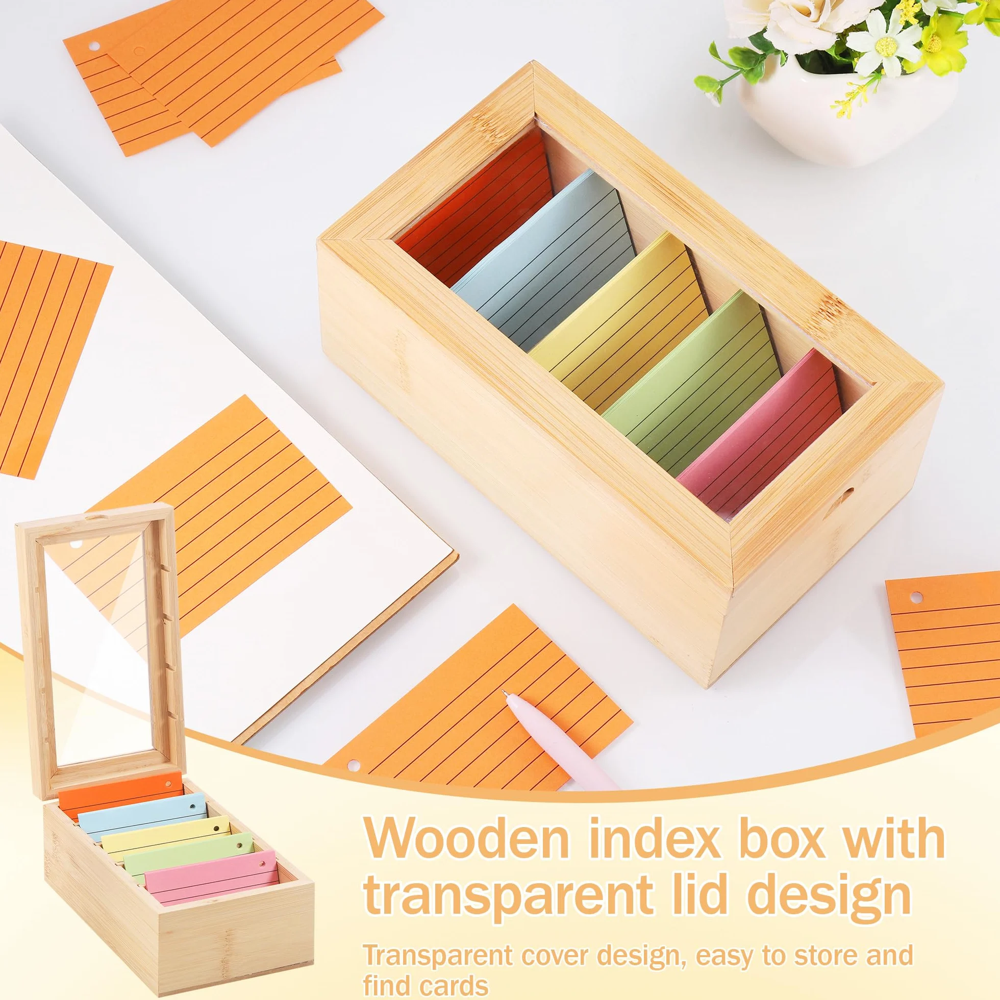 Organizador de Tarjetas de Madera con 5 Compartimentos y Tapa Transparente - Caja para Fichas A8 Extraíble (22x13x9 cm) para Oficina, Escuela, Hogar