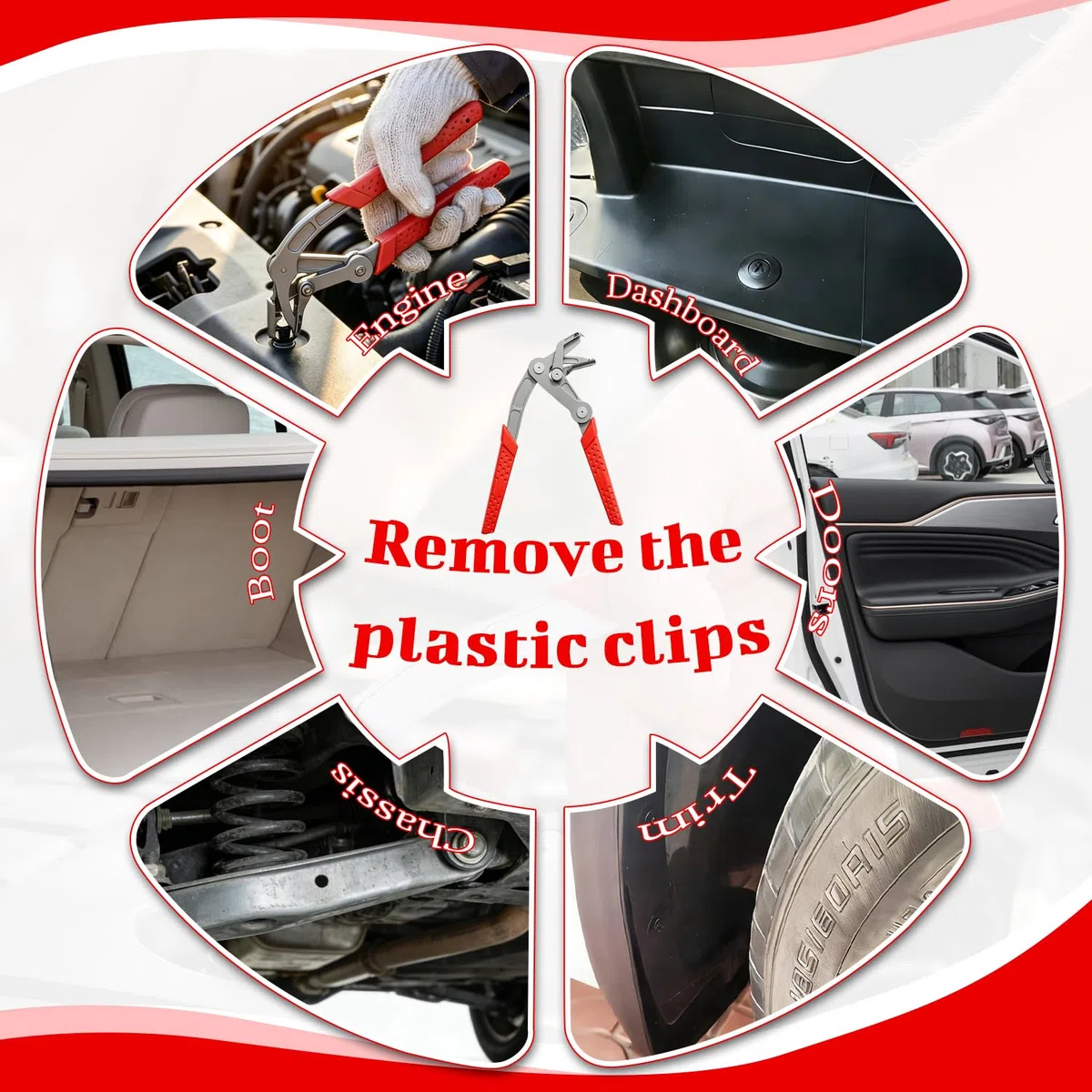 1 Saca Grapas Coche Quita Grapas Automóvile para Desmontar de Inoxidable Morder Tamaño 2,1cm para Puerta Chasis Salpicadero Maletero Reparación Mango PVC Rojo Desmontaje de las Snap Coche Universal