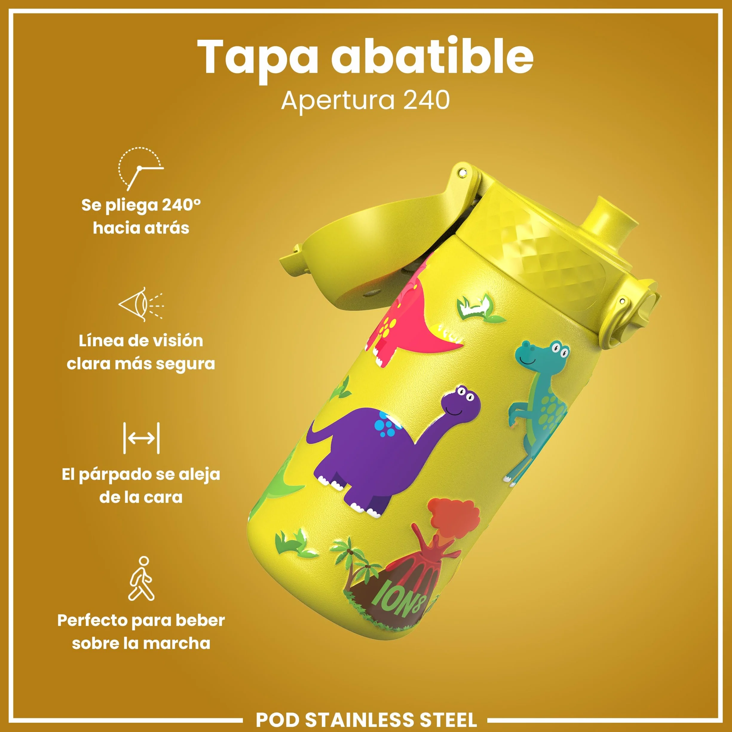 ion8 Botella Agua Inox Ligero para Niños 400ml Sin Aislamiento a Prueba de Fugas Fácil de Abrir Cerradura Segura Apta para Lavavajillas Tapa Abatible Dinosaurios