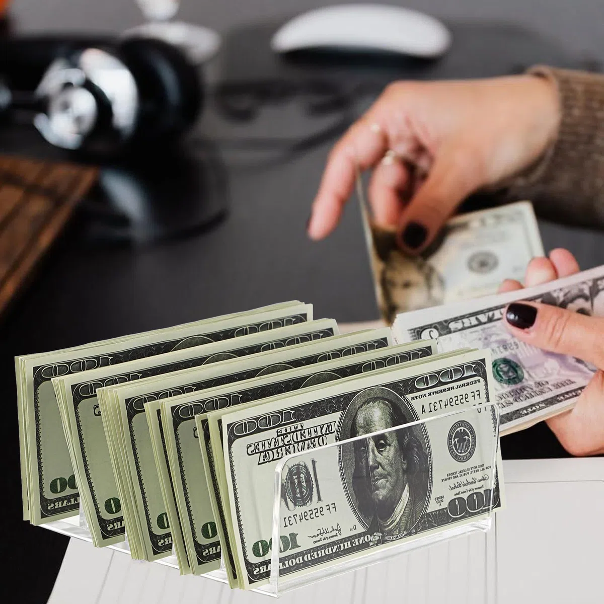 BTSKY Paquete de 2 organizadores de escritorio acrílicos – Bandeja transparente de 5 ranuras para dinero en efectivo, divisor de dinero para billetes, soporte de exhibición de acrílico para sobres,
