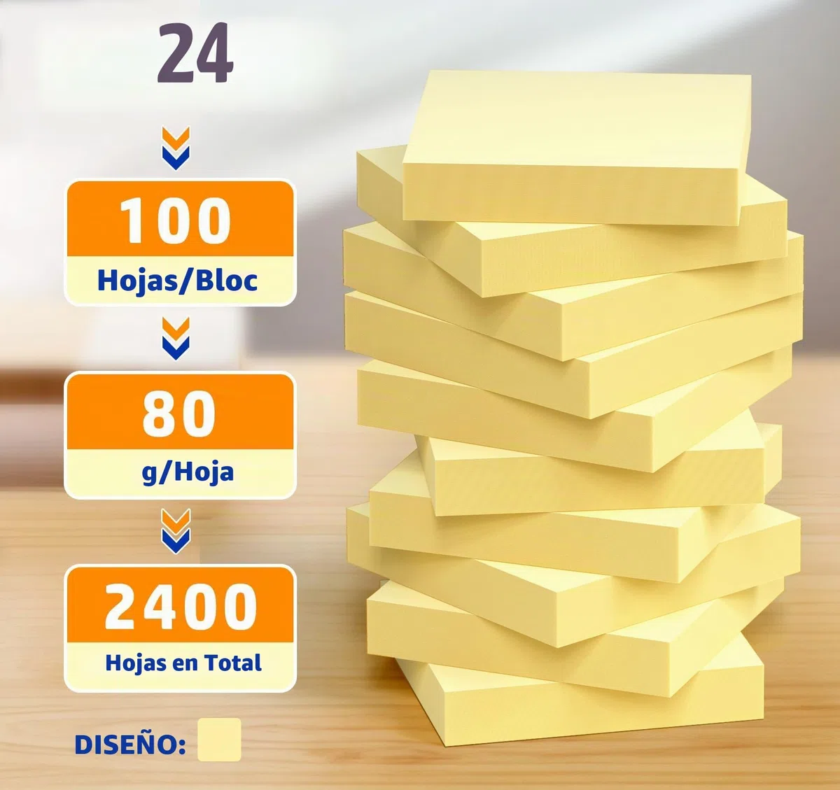Agoer Notas adhesivas, 24 piezas Notas adhesivas de Amarillo Clásico, 76 x 76 mm, 100 Hojas por Bloc, 2400 PCS Bloc de notas, Amarillo
