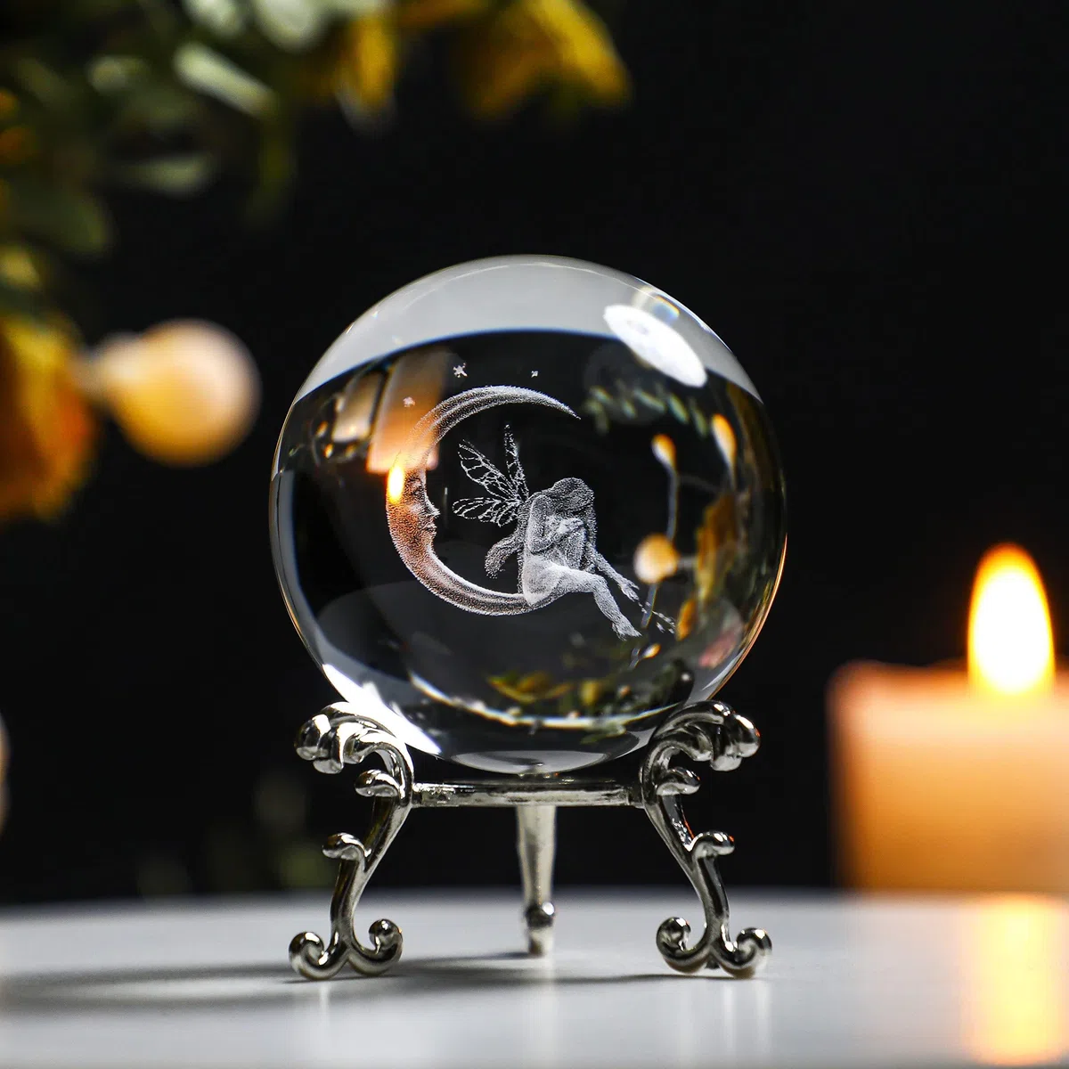 ZEERSHEE Bola de cristal 3D de 60 mm con soporte, adorno de luna láser de cristal y bola de hada, pisapapeles de cristal, decoración del hogar, manualidades con soporte de metal, regalos para mujeres