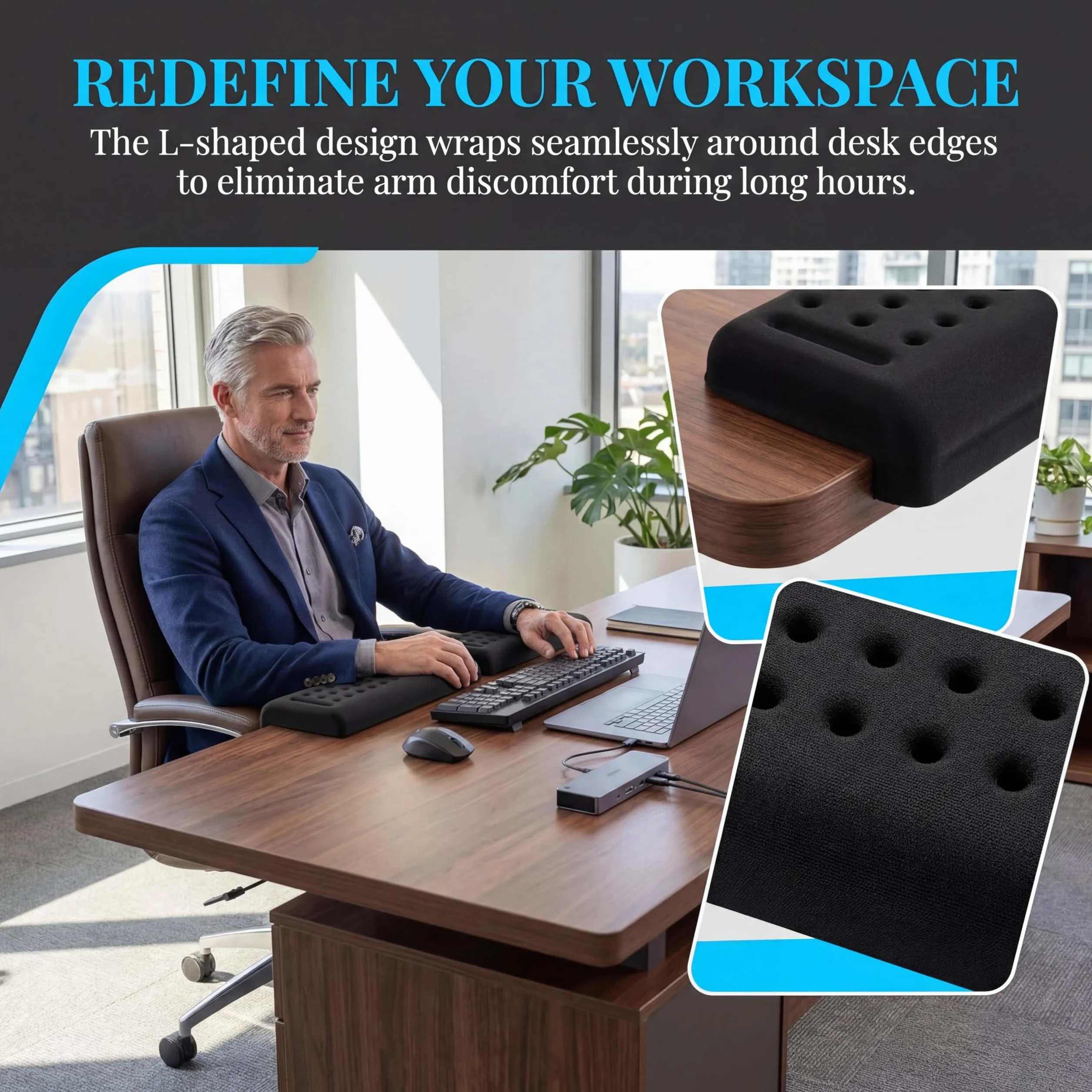 2 Piezas Reposamuñecas Teclado Ergonómico, Reposamuñecas y Codos con Soporte de Escritorio en L Reposa Muñecas de Espuma Viscoelástica para Oficina Gaming (Negro)