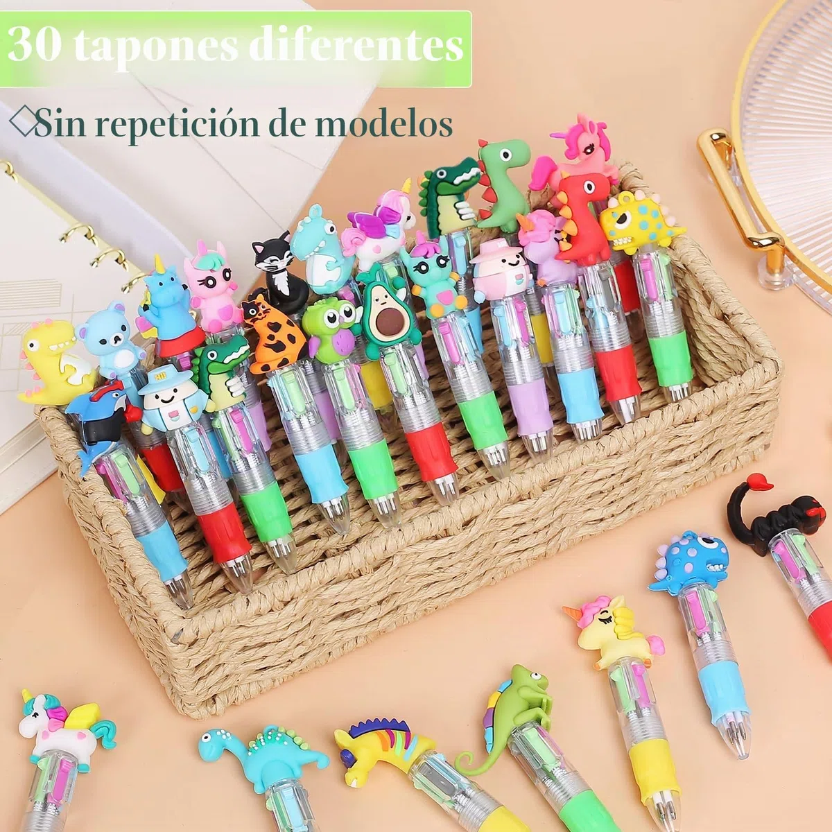 30 Bolígrafo Animales Multicolor Regalos Cumpleaños Invitados Niños Colegio Bolígrafo Divertidos Retráctiles 4 en 1 Detalles Cumpleaños Niños