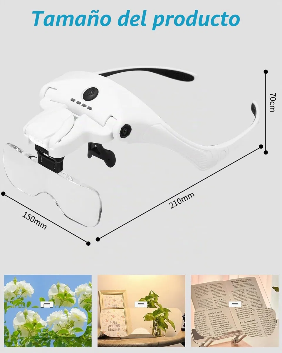 PERMUST Gafas de lupa con luz, gafas de aumento, carga USB con 4 luces LED y 2 lupas de brillo ajustables para usuarios de gafas, lupa para la cabeza, 5 lentes 1,0 x 1,5 x 2,0 x 2,5 x, 3,5 x v