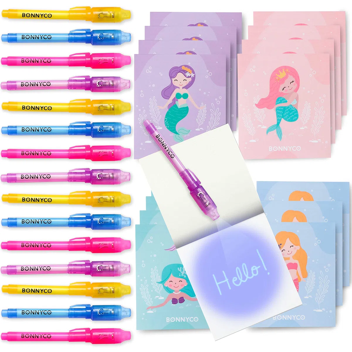 BONNYCO Boligrafo Tinta Invisible y Libreta Sirenas, Pack de 16 Regalos Cumpleaños Niños Colegio. Detalles Cumpleaños Niños, Relleno Piñata Infantil. Regalos Alumnos Primaria Fiesta Infantil