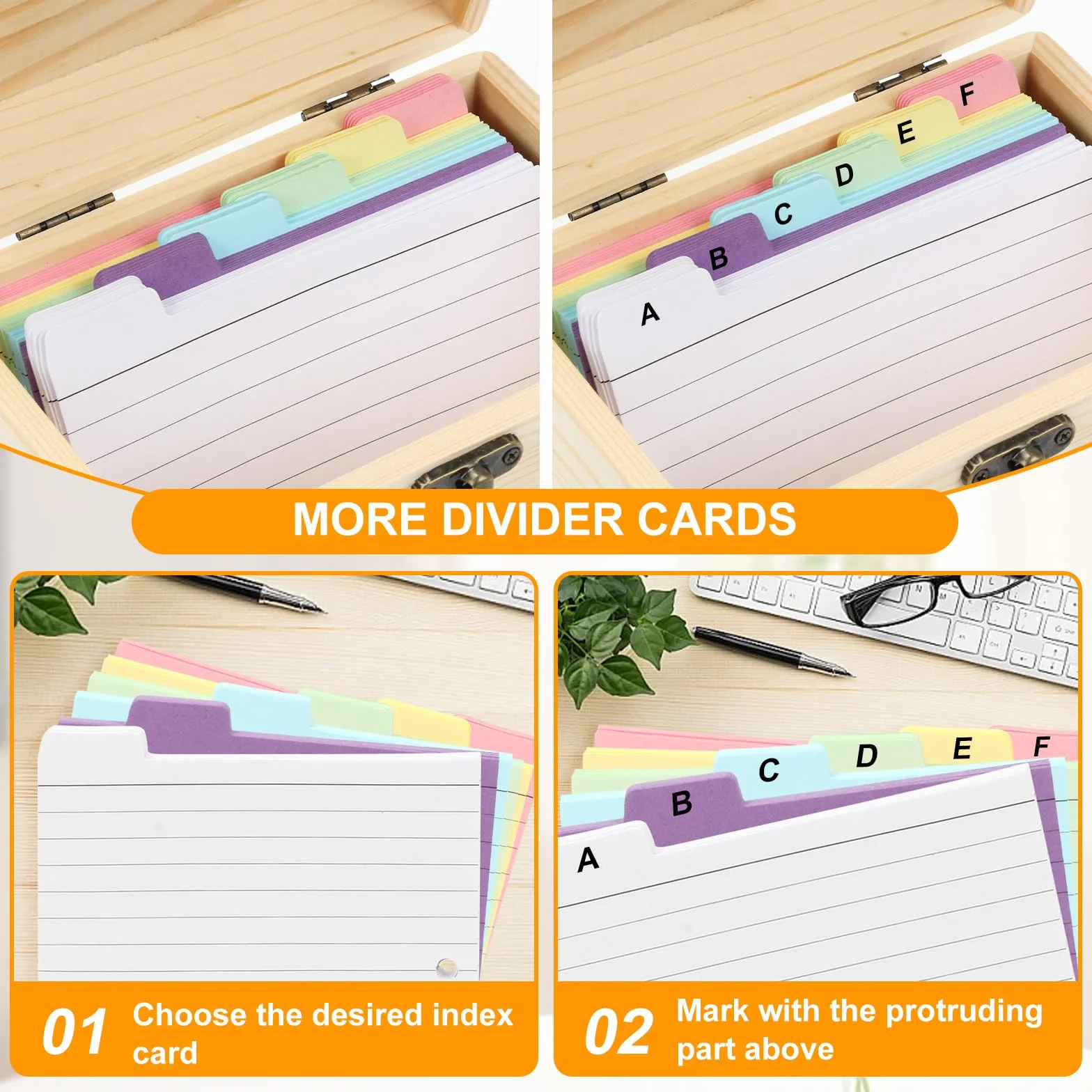 Caja de Tarjetas con Tapa, 15 x 10 x 10,4 cm, incluye 150 Fichas (12,5 x 7,8 cm), Cajas de Recetas para Exámenes de Vocabulario, Entrenamiento de Vocabulario y Aprendizaje Diario