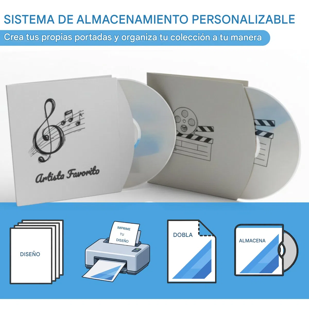 Fundas de Papel para CD y DVD, Imprimibles-Convierte A4 en un Sobre para CD de papel, sin Tijeras, sin Pegamento-50 Hojas Offset 100 g.-Ahorra Espacio - Almacena y Organiza toda tu Colección
