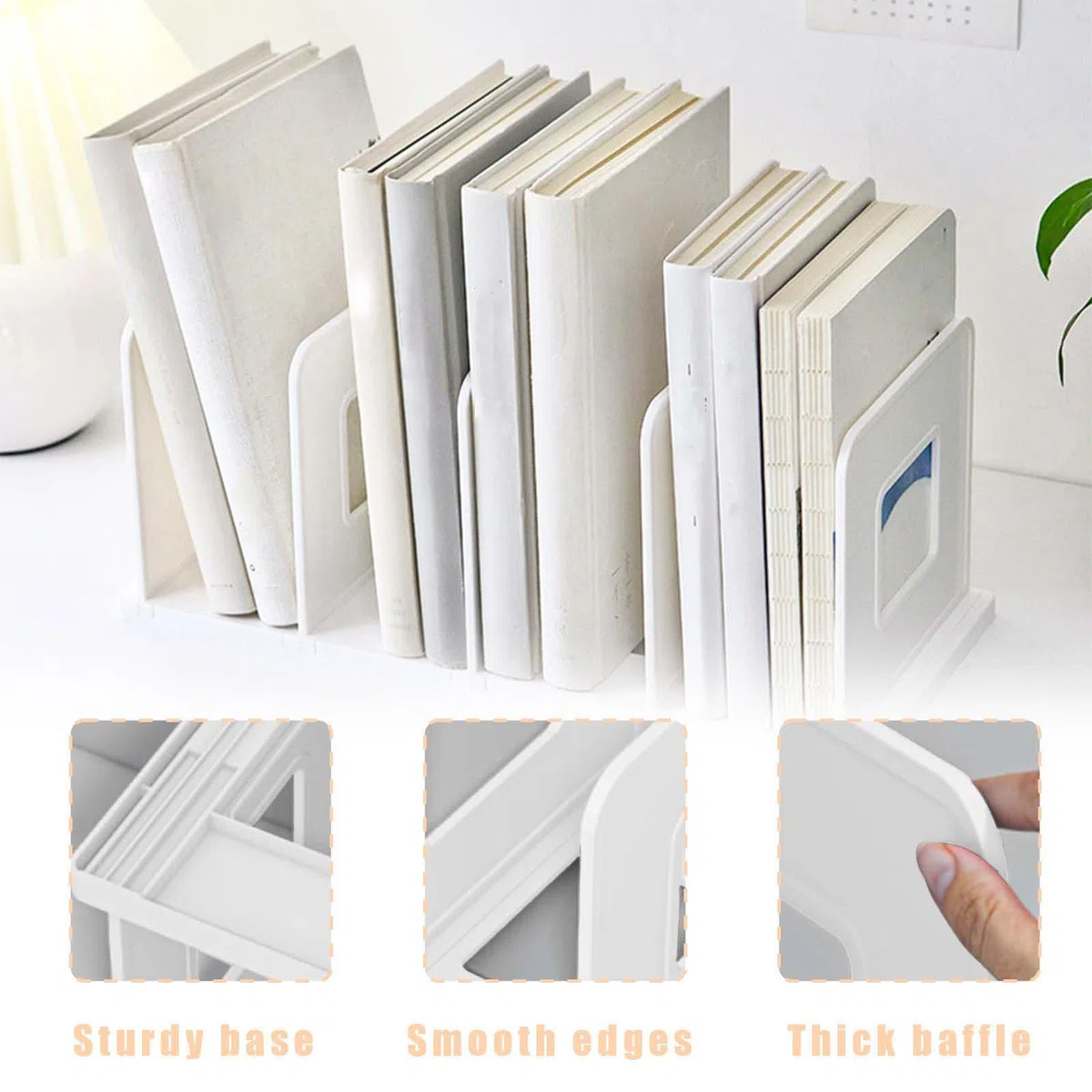 Sujetalibros Estanteria,Organizador de Archivos de Escritorio,Sujeta Libros,Separador de Libros,Revistero para catálogo,Revistero con 4 compartimentos,Revistero plegable de plástico (Blanco)