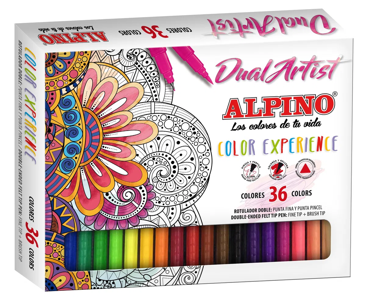 Alpino Color Experience 36 Rotuladores Dual Artist | Doble Punta: Punta Pincel y Punta Fina | para Mándalas y Lettering | Kit de Rotuladores