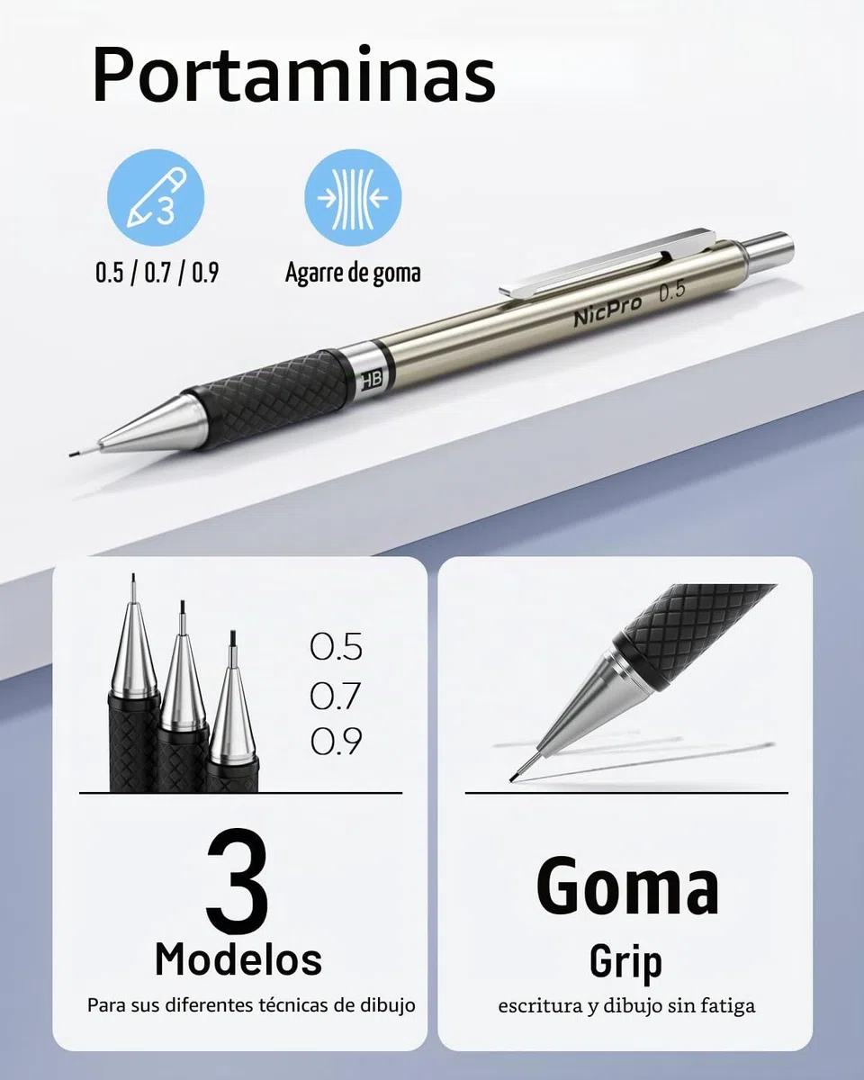 Nicpro 6 Piezas Metálica Portaminas, Profesionales Portaminas 0.5, 0.7, 0.9, 2mm (2B HB 2H) con Minas, Borrador, Sacapuntas para Redacción Escribiendo