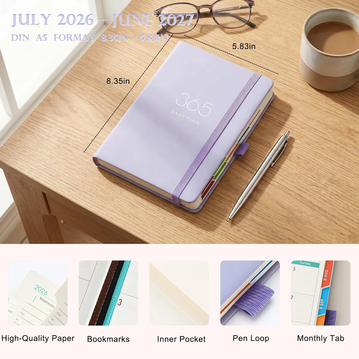 Agenda 2026-2027, Agenda A5 2026-2027 Día por Página, Planificador Diario, Planifica tu Año de Julio de 2026 a Junio de 2027 con Pestañas Mensuales, Diseño Lateral Colorido, Lazo para Bolígrafo y