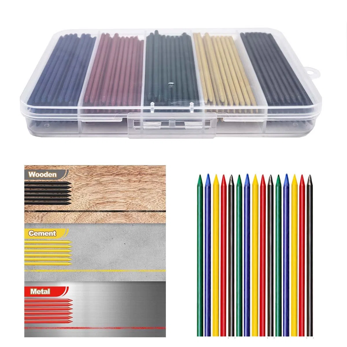 MROOFUL - Juego de 200 minas de repuesto para lápiz de carpintero, color azul, rojo, verde, amarillo, negro, gran capacidad de 2,8 mm, agujero profundo para lápiz mecánico