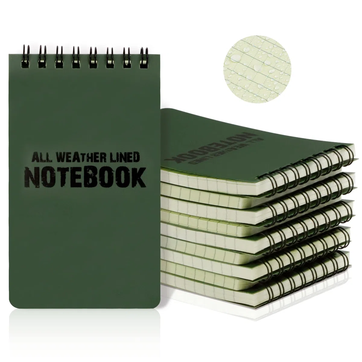 RETON 10 Piezas Cuadernos Impermeables, 3 x 5 pulgadas Bloc de Notas para Todo Tipo de Clima con Almohadillas de Steno Tácticas con Rejilla para Grabación de Actividades al Aire Libre (Verde Militar)