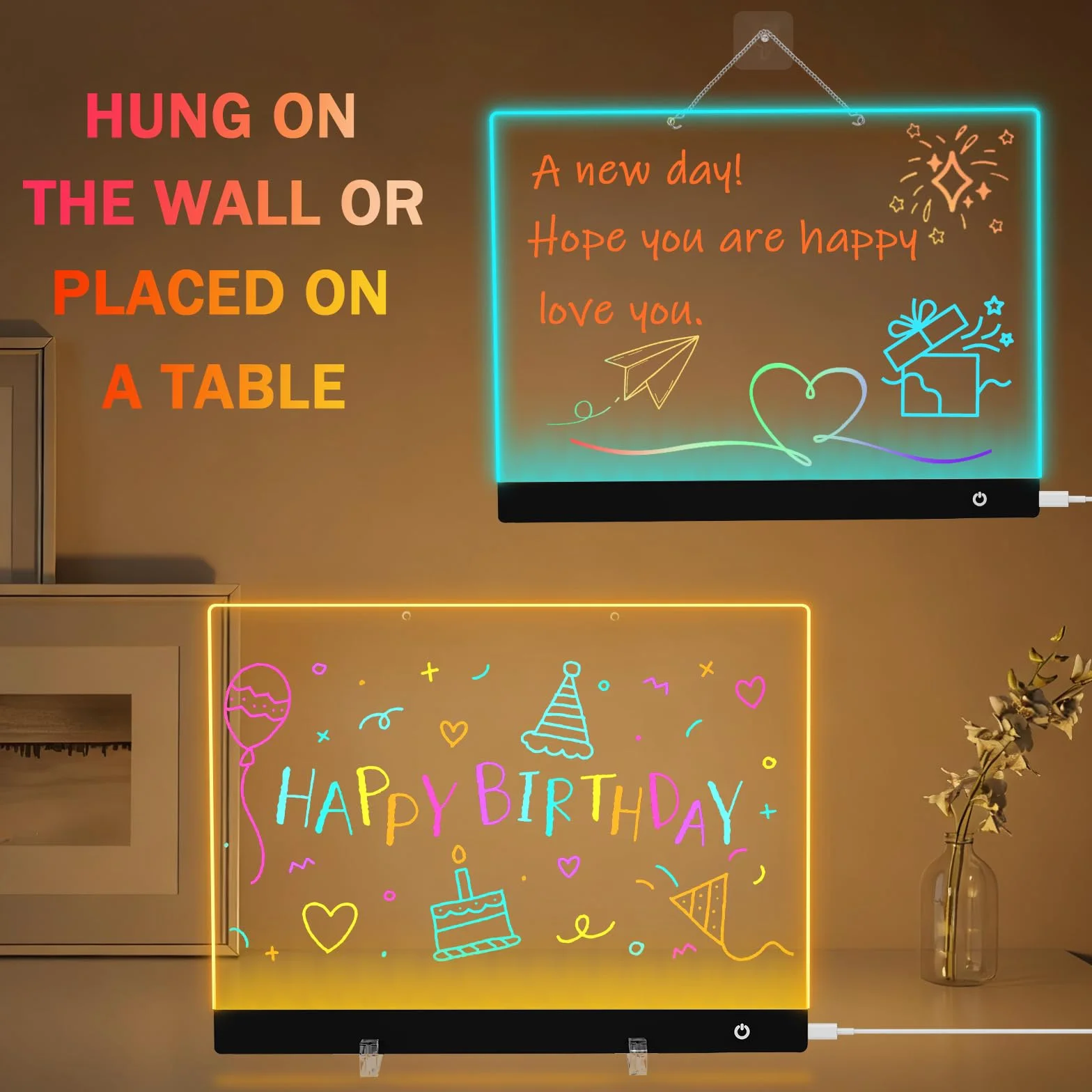 Pizarra de Mensajes con LED luminosa, 30x40cm 5 Modos & 6 Colores Pizarra de Escritura de Acrílico, Tablero acrílico mensaje con 7 Bolígrafos de neón,Tablero de Dibujo LED, Regalo creativo