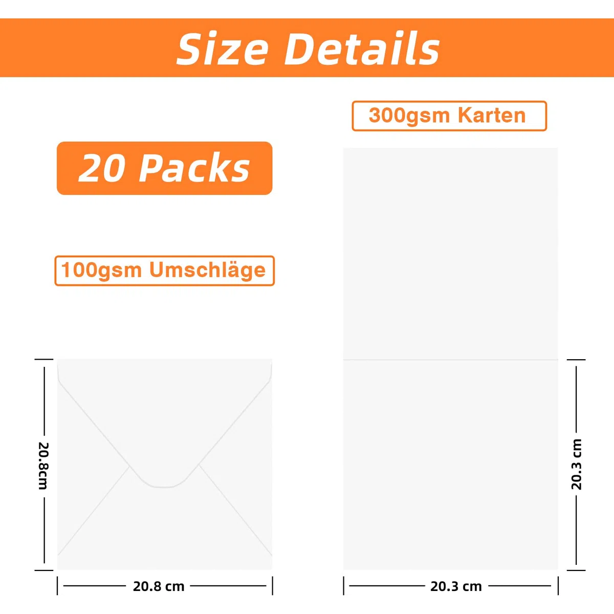 Juego de 20 tarjetas en blanco de 8 x 8 pulgadas con sobres, sobres de 100 g/m², 300 g/m², tarjetas plegables para tarjetas de felicitación, invitaciones, tarjetas de cumpleaños, tarjetas de