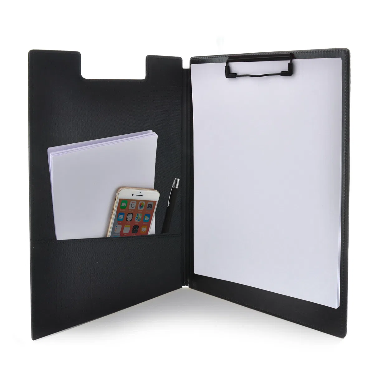 Carpeta Dynamic Classic con Soporte de Pinza y Bolsillo interior, Ideal para Congresos y Presentación, Fabricada en Piel Vegan en acabado Notairé con Interior en Tela by Office Box. (Negro)