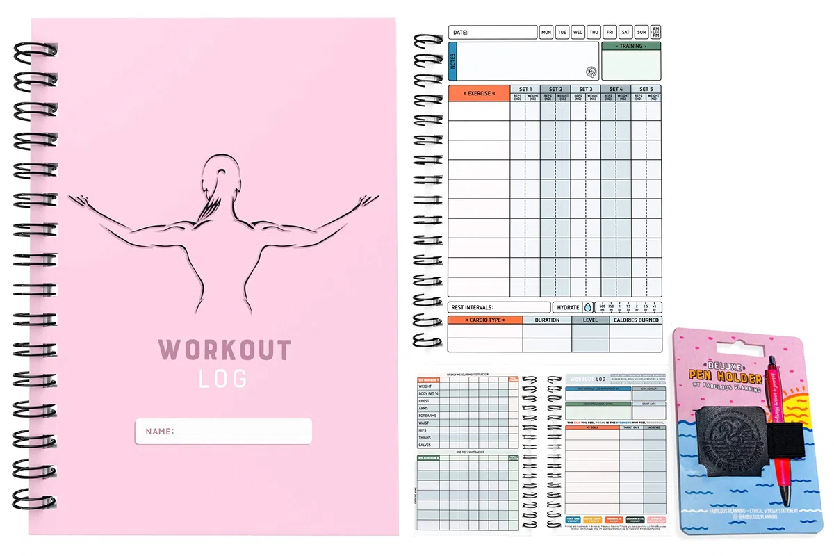 Registro de entrenamiento para gimnasio – XL y XS – Agenda de gimnasio, fitness y entrenamiento – Set metas, 1000 ejercicios, diario premium (X-PEQUEÑO (A6), silueta femenina rosa).