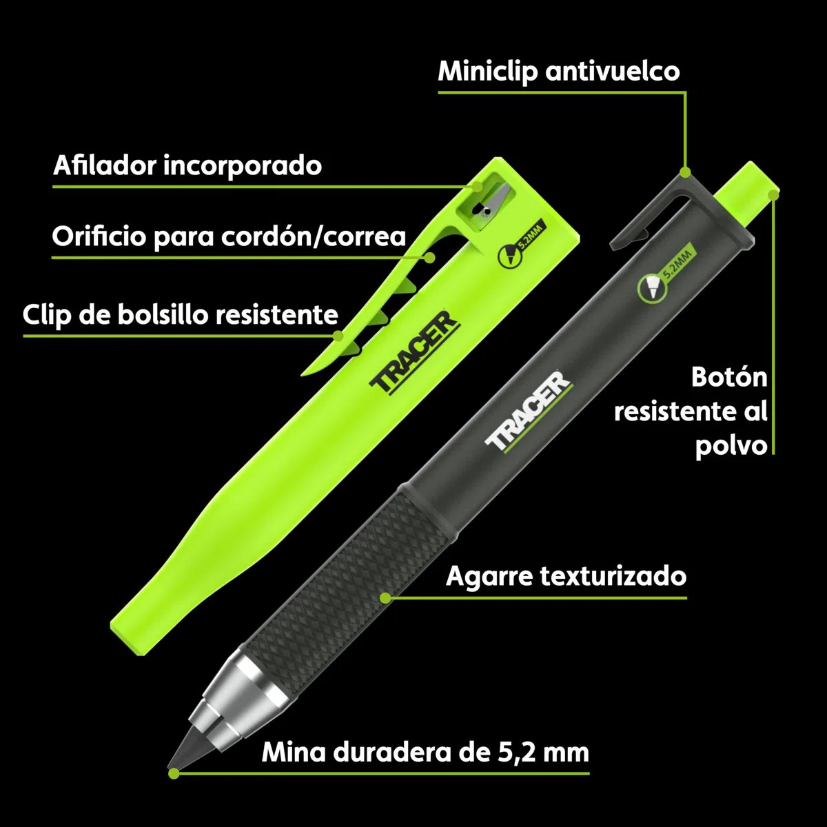 Tracer Tough Pencil - Lápiz de carpintero resistente con funda para sitio, mina de 5,2 mm de dureza y alta visibilidad. Lápiz de trabajo para constructores, carpinteros y marcas de construcción