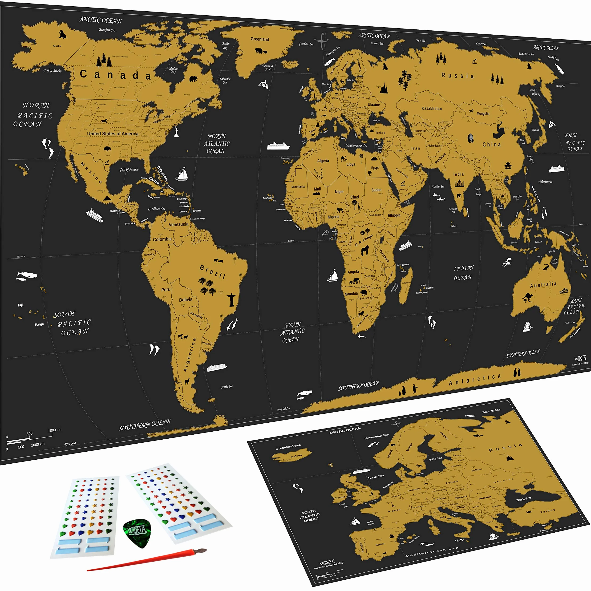WIDETA Mapa del mundo a rascar/Póster gran formato (82 x 43 cm)/ Incluidos Mapa de Europa, adhesivos y herramienta de raspado