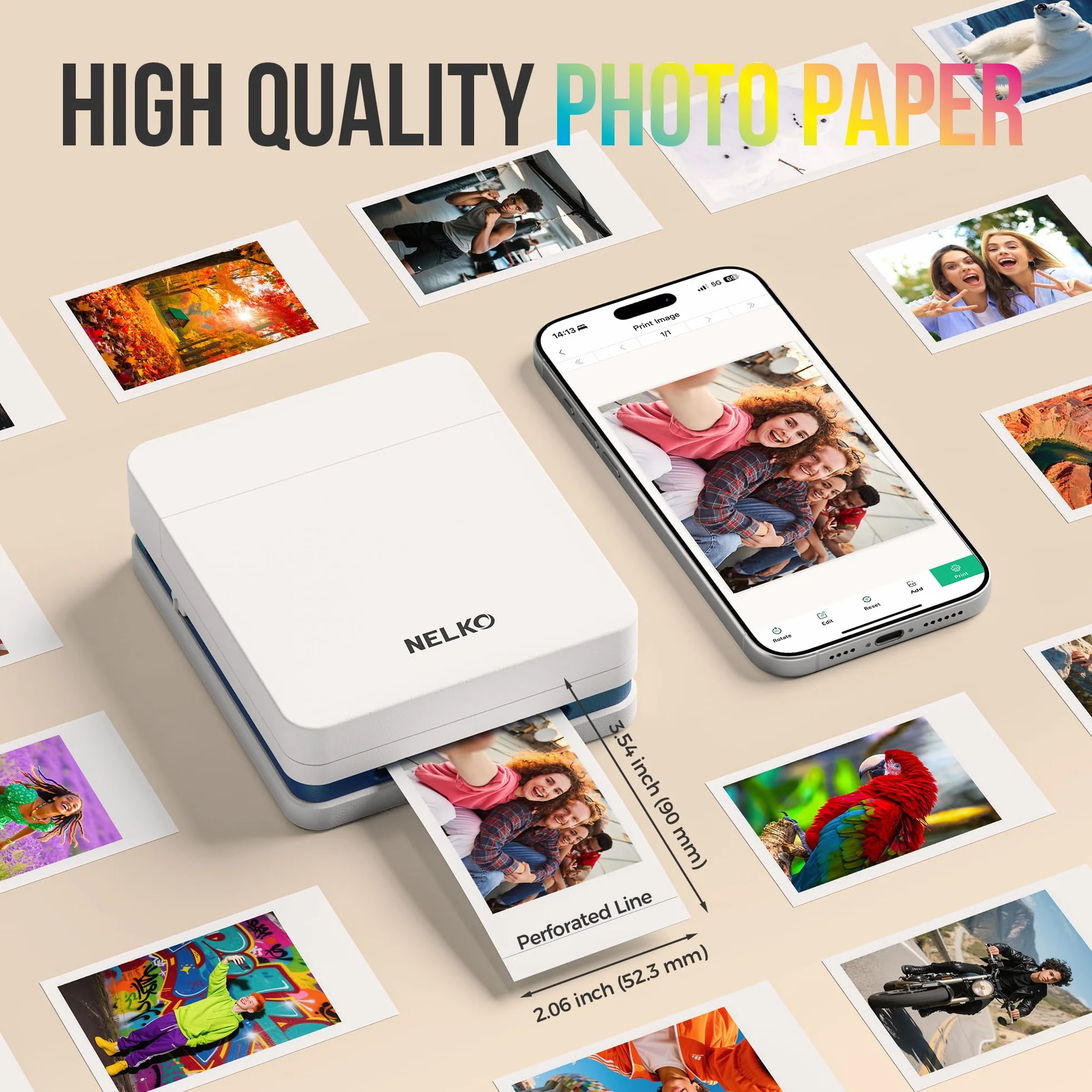 Nelko 52,3x90mm Papel Fotográfico Premium, Paquete de 20 Papel Original para Impresora de Bolsillo PP01, Sticky Back Picture Paper, Compatible with Nelko PP01 Photo Printer, Easy to Peel Off, Pop Fun