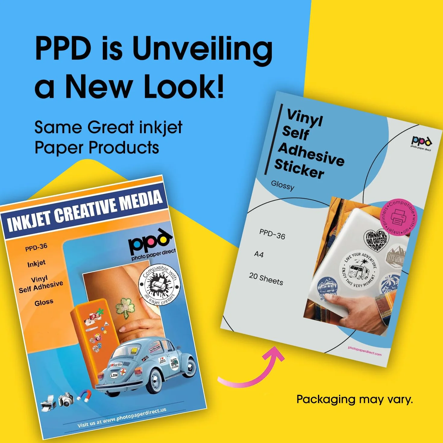 PPD A4 x 20 Pegatinas de Vinilo Autoadhesivo Brillante Imprimibles de Grado Comercial - Secado Instantáneo y A Prueba de Desgarro - Para Impresora de Inyección de Tinta Inkjet - PPD-36-20
