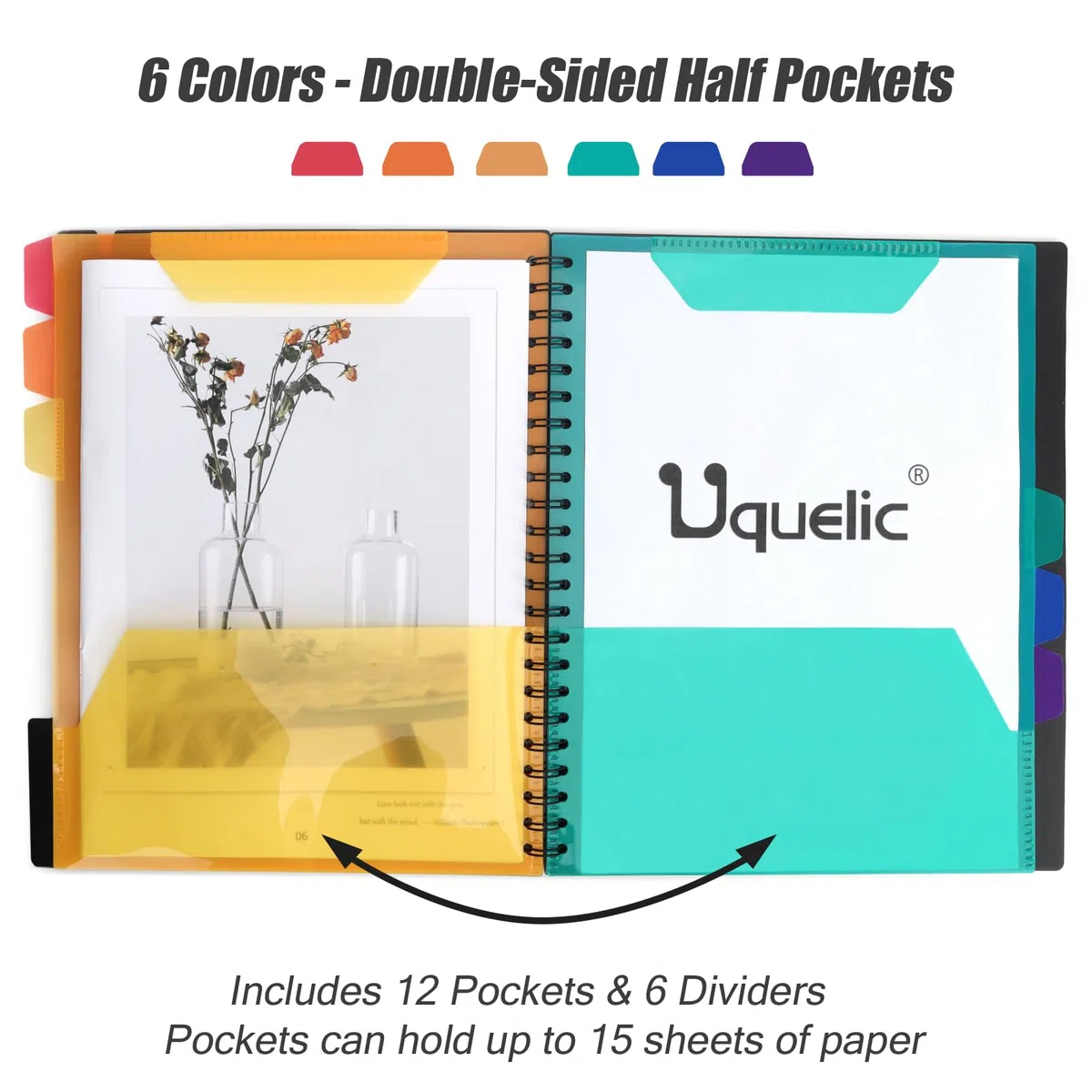 Uquelic Carpeta Portapapeles A4 con Almacenaje, Organizador de Proyecto con 6 Bolsillos de Doble Cara y Bolsillo con Cremallera, Carpeta Plástica para Oficina y Escuela