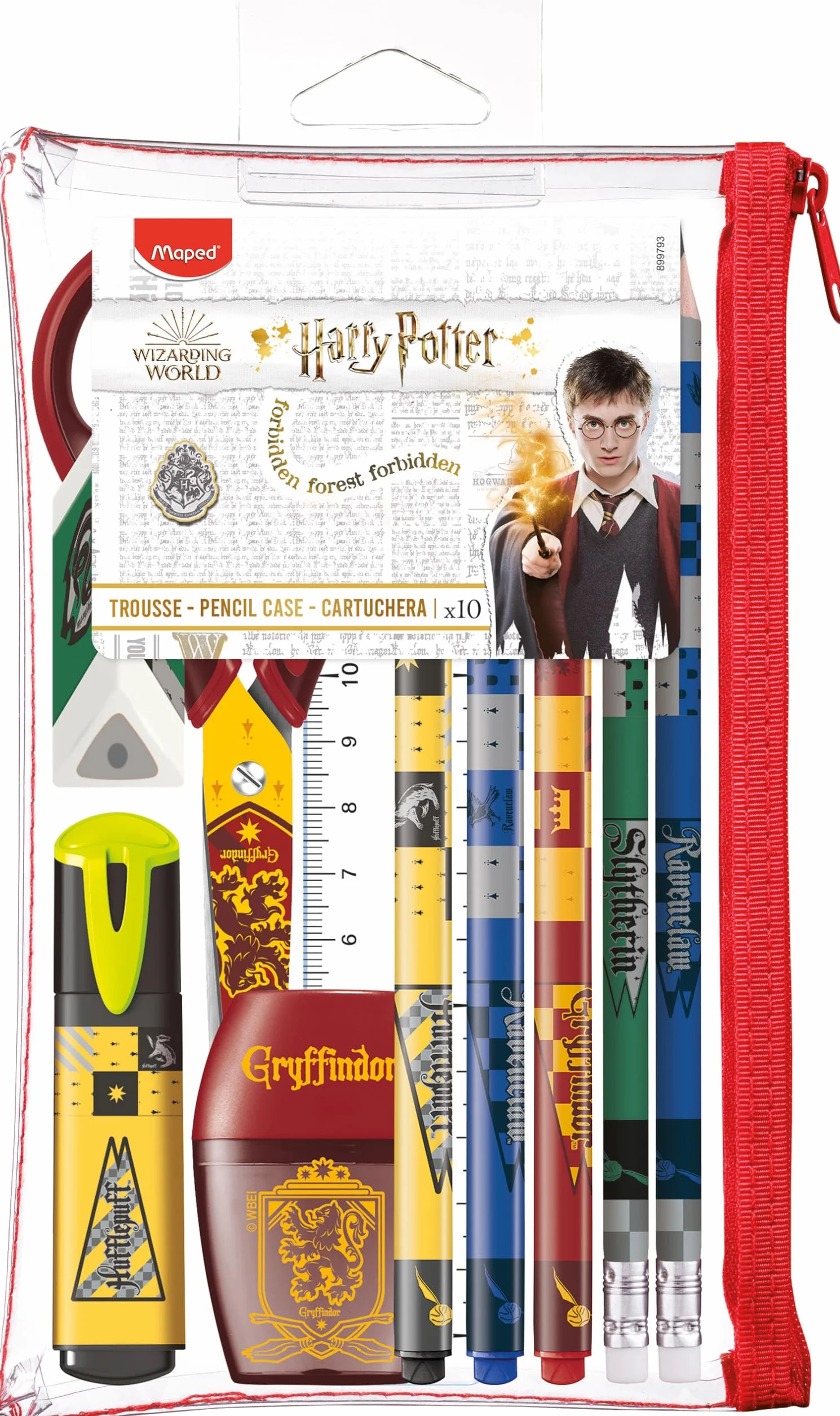 Maped - Estuche Escolar - Colección Harry Potter - Incluye 1 Goma de Borrar, 1 Sacapuntas con Depósito, 1 Tijeras Infantiles, 1 Subrayador Amarillo, 1 Regla, 3 Bolígrafos y 2 Lápices de Grafito