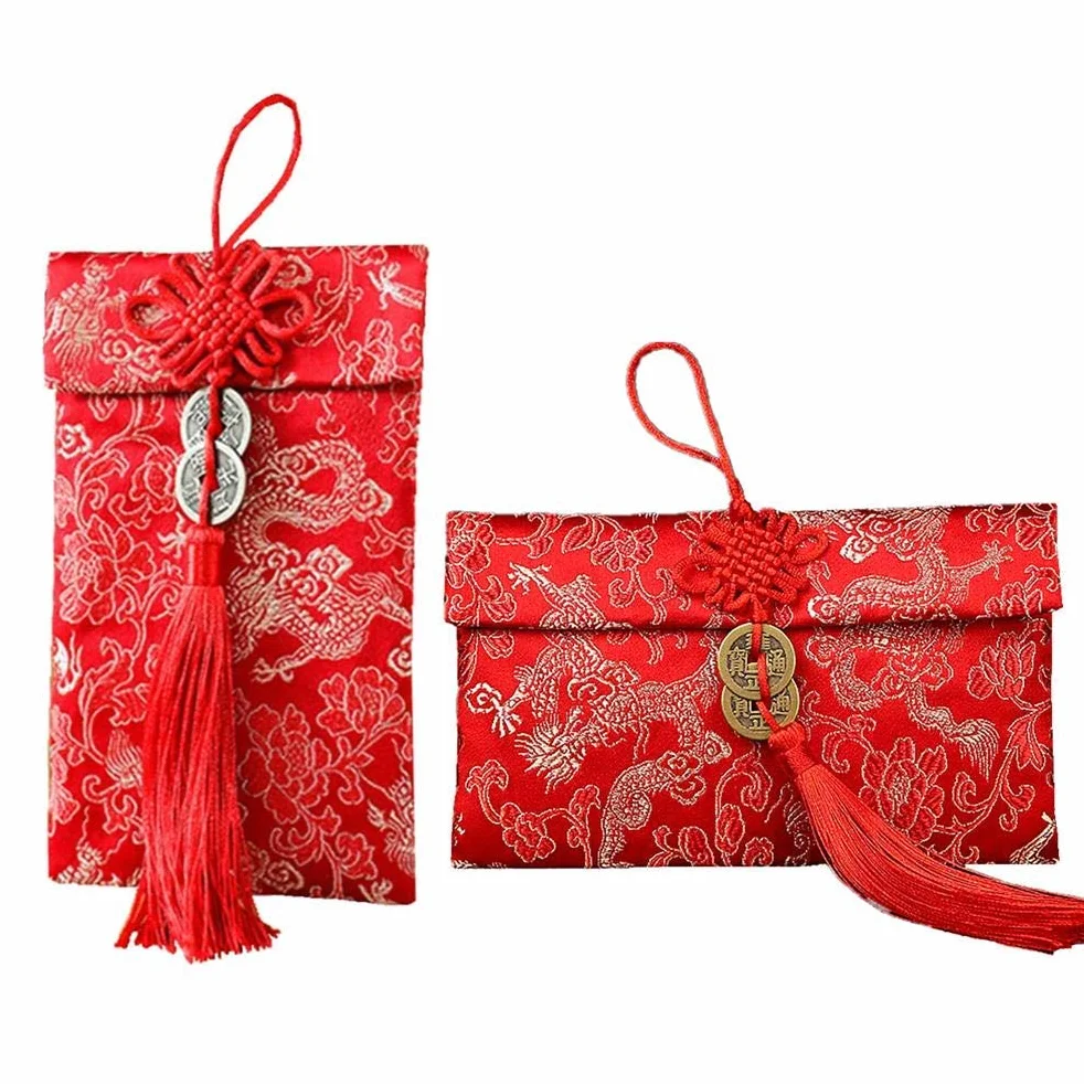 4 sobres rojos de seda china, sobres rojos con elementos de dragón chino de la suerte para bodas, Año Nuevo, bolsillos rojos para dinero, aproximadamente puede contener 100 hojas, 4 estilos