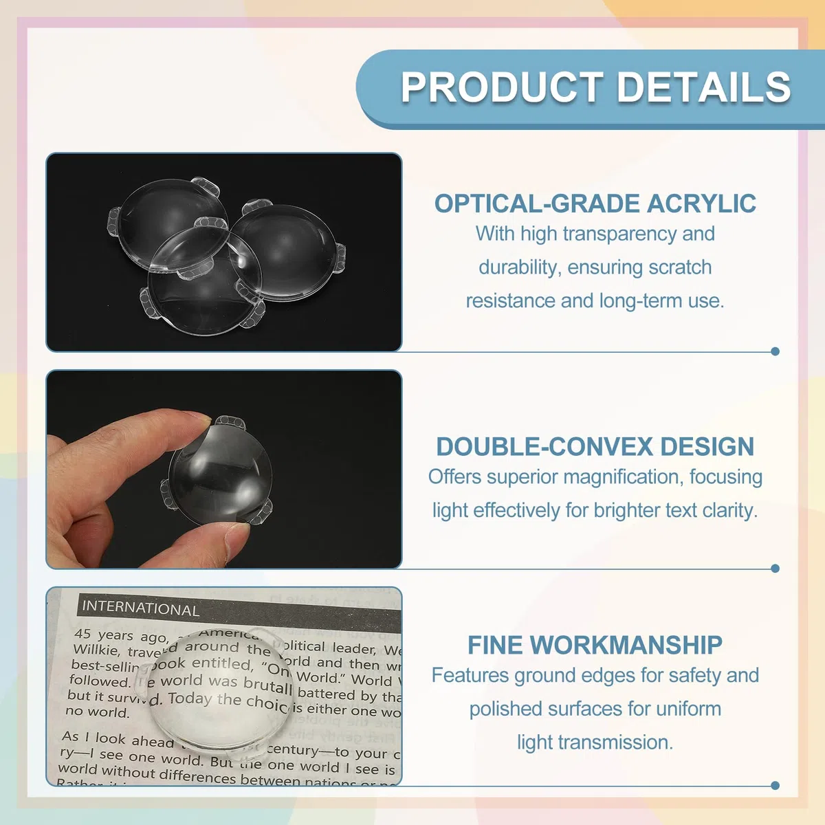 PATIKIL 15 Piezas Lente Biconvexa, 34mm Diá. 42mm Distancia Focal Lentes Ópticos Asféricos Lupa Pisapapeles Acrílico Doble Convexo Para DIY Oficina Hogar Experimento Ciencia Telescopio