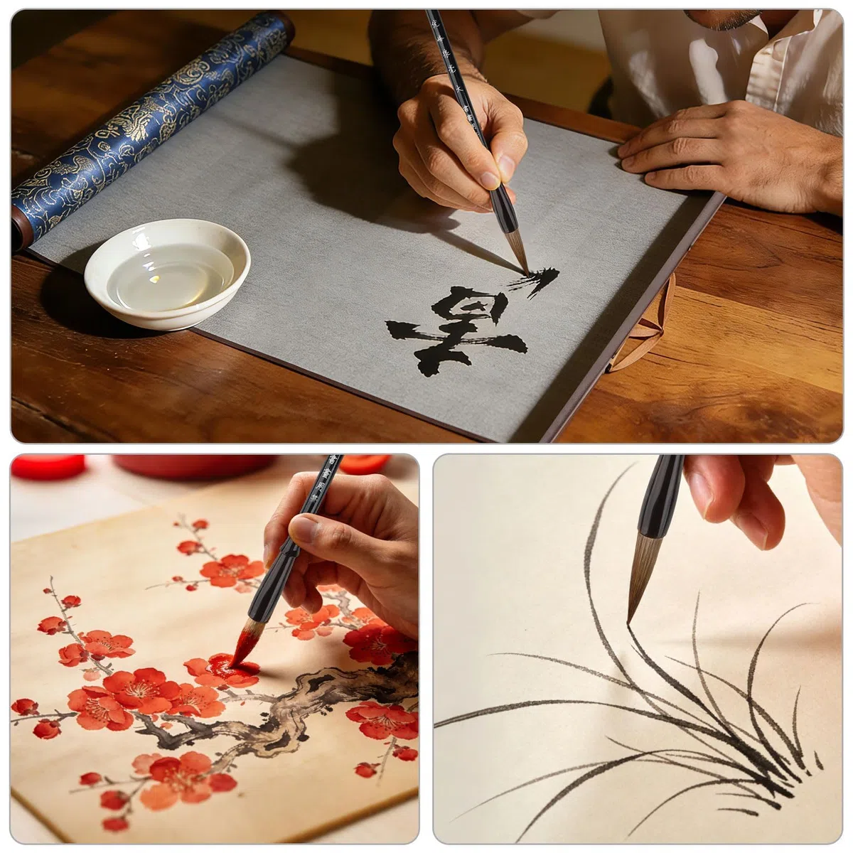 Linkstyle Set Papel Mágico Caligrafía China: Alfombrilla de Escritura con Agua Reutilizable & 3 Pinceles de Bambú para Principiantes, Práctica de Escritura y Dibujo
