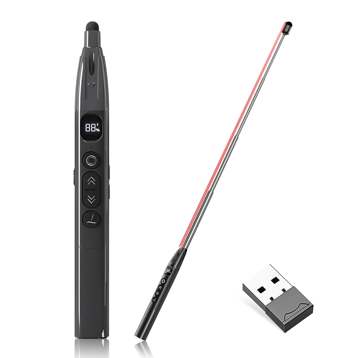 Pasador Diapositivas 2.4 GHz con Puntero Láser Rojo Fuerte 3 Niveles, Puntero Retráctil, Temporizador de Cuenta Atrás hasta 199 Min, Compatible con la Mayoría de Sistemas y Software (Negro)