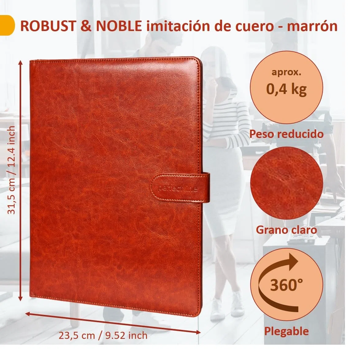 perfect line - Carpeta Portadocumentos Portapapeles DIN A4 con cierre magnético - De piel sintética resistente en elegante aspecto de piel - Carpeta de negocios premium en elegante color marrón