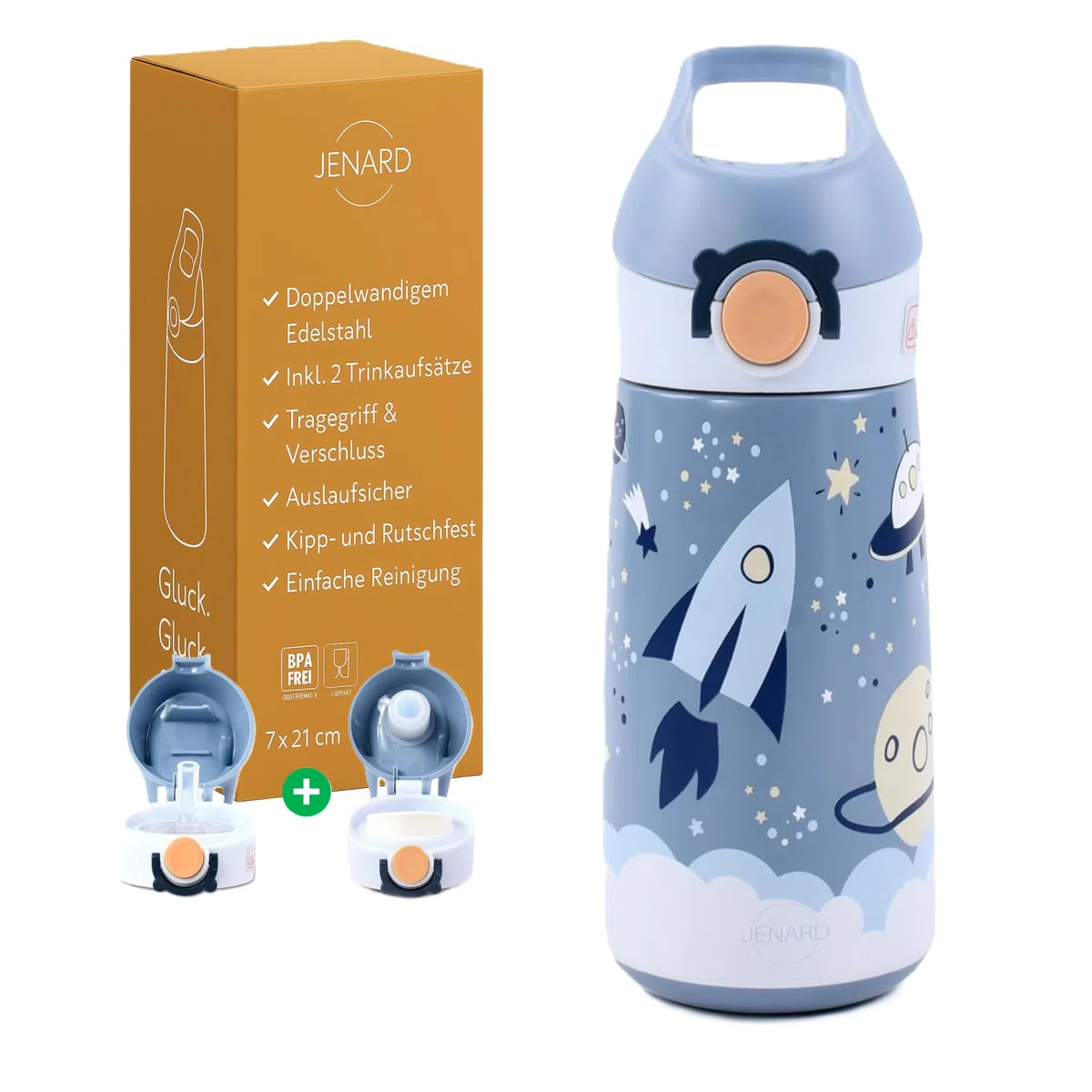 Botella de agua Jenard® para niños de acero inoxidable – a prueba de fugas, de doble pared, sin BPA, con 2 tapas de bebida – Botella termo para la escuela y el jardín de infantes (Azul/Gris, Espacio)