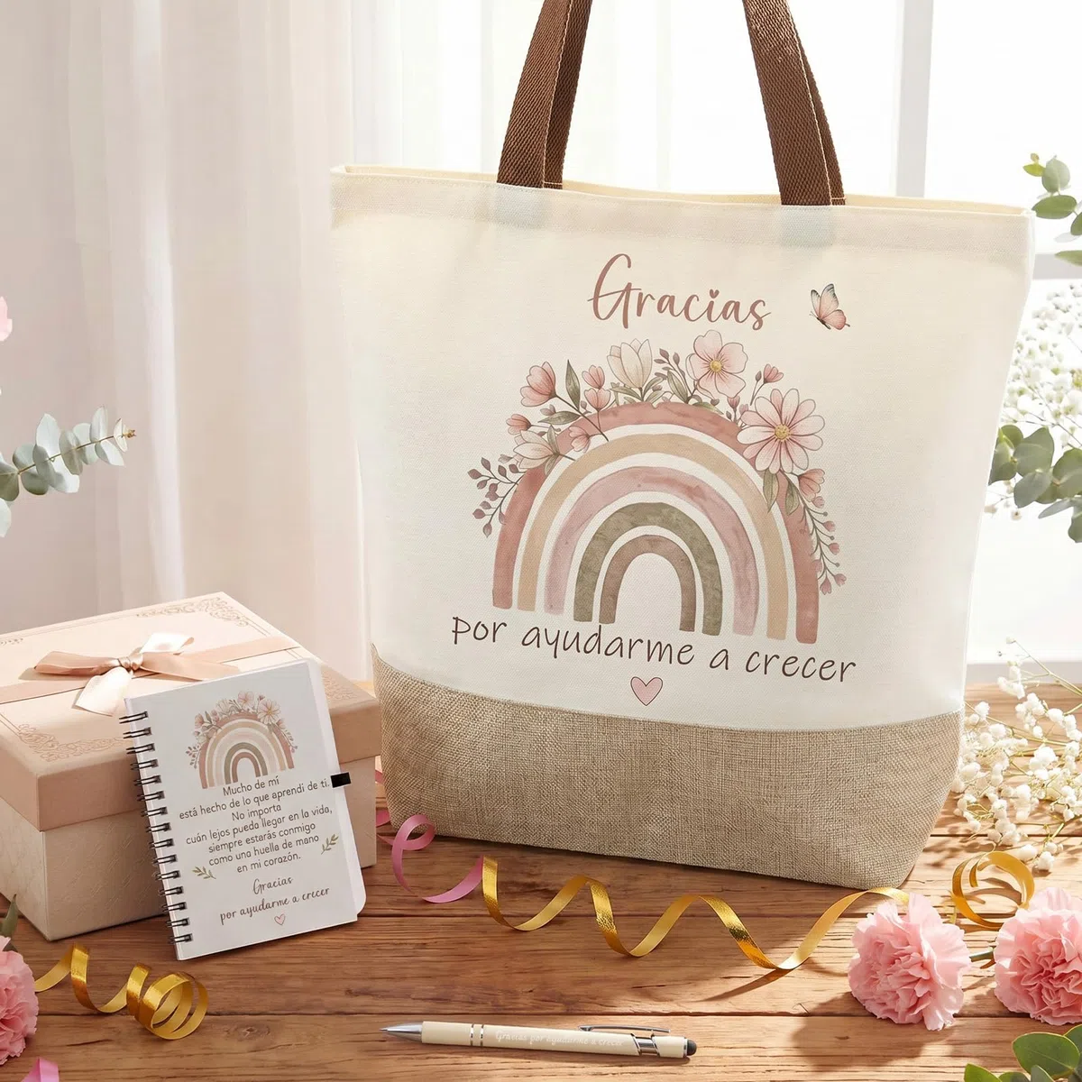 Hestya 3 Piezas Regalo de Agradecimiento para Maestras, Bolso de Tela, Cuaderno y Bolígrafo, Regalo para Profesora en Final del Semestre, Fin de Curso, Graduación, Cumpleaños y Navidad (Arcoíris)