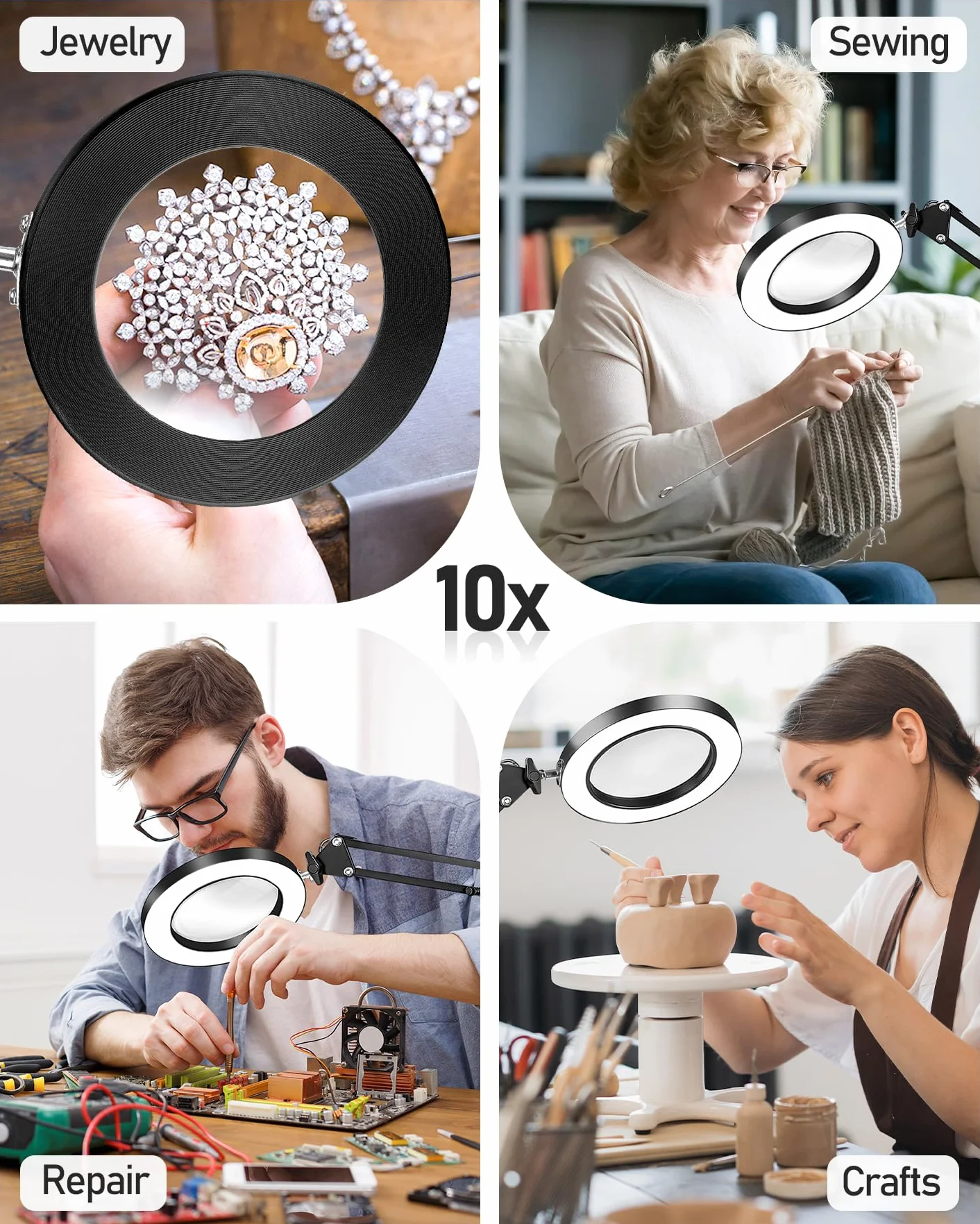 TANYO 10X Lupa con Luz, 72 LED Lupas de Gran Aumento con Luz, 5 Temperaturas de Color y 10 Niveles de Brillo Lámpara Escritorio, Lámpara de Aumento para Mayores, Niños, Lectura, Manualidades
