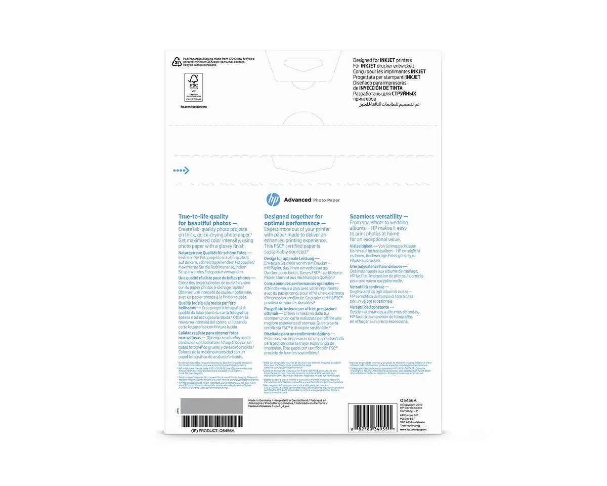 HP Advanced Glossy Photo Paper, Q5456A, 25 Hojas de Papel fotográfico Satinado avanzado, Compatible con impresoras de inyección de Tinta, A4, Peso del Material de impresión 250 g/m²