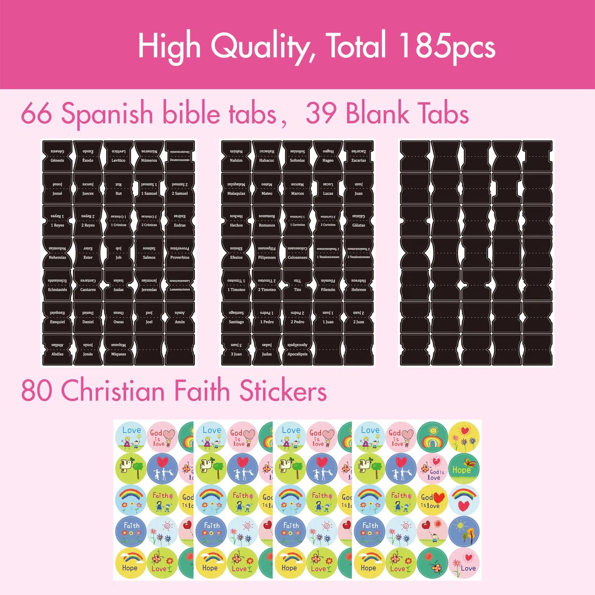 105 Pestañas de Índice de la Biblia en Español, Juego de Pestañas Laminadas, Pestañas Autoadhesivas de la Biblia, 80 Adesivos de Fe Cristiana con una Guía de Alineación (Negro)