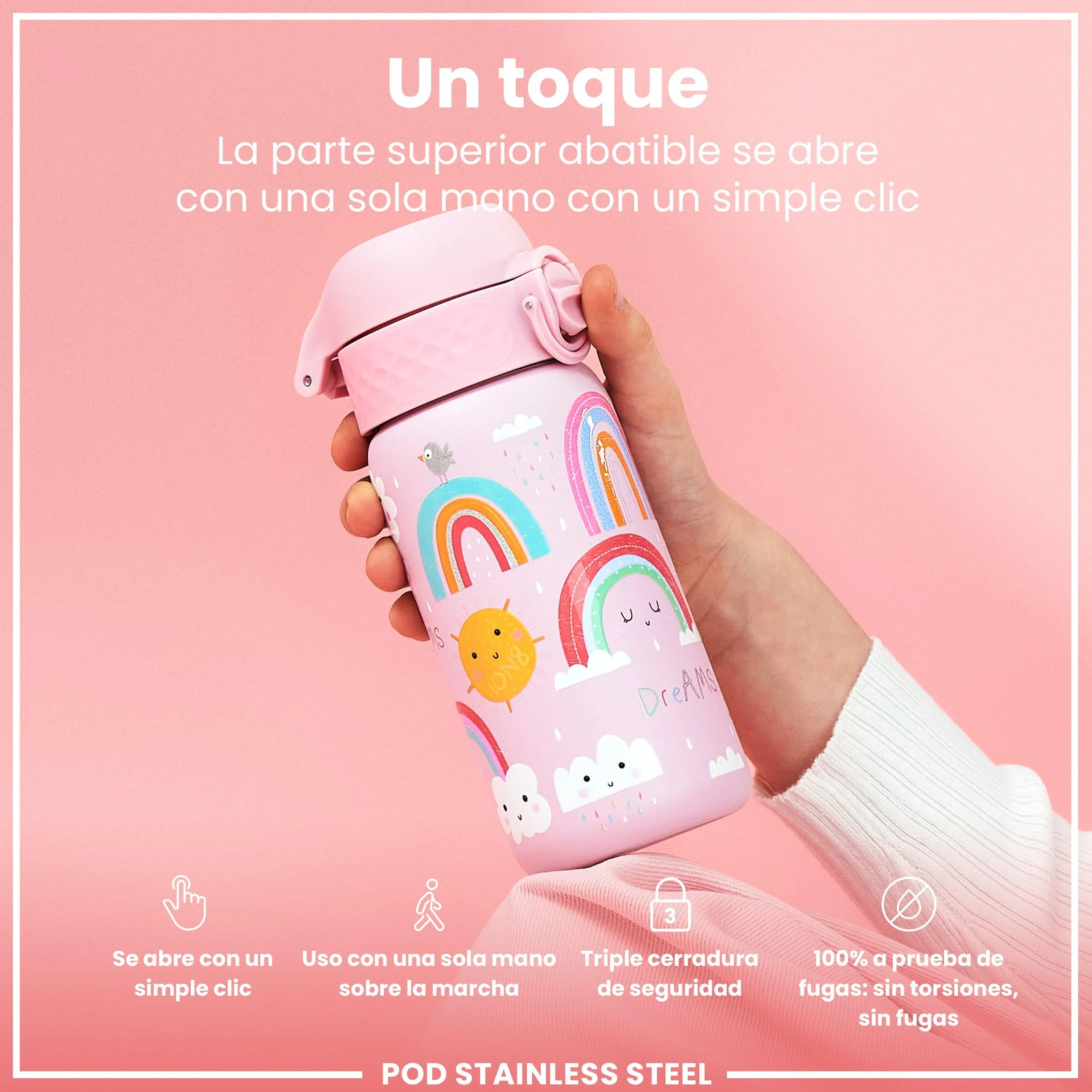 ion8 Botella Agua Inox Niños 400ml Sin Aislamiento Prueba Fugas Fácil Abrir Cerradura Segura Apta Lavavajillas Tapa Abatible Arcoíris