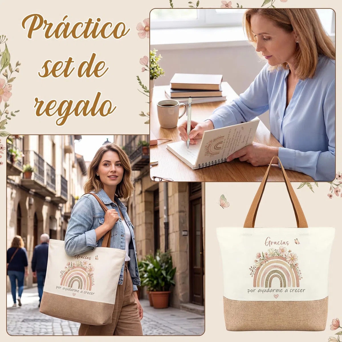 Hestya 3 Piezas Regalo de Agradecimiento para Maestras, Bolso de Tela, Cuaderno y Bolígrafo, Regalo para Profesora en Final del Semestre, Fin de Curso, Graduación, Cumpleaños y Navidad (Arcoíris)